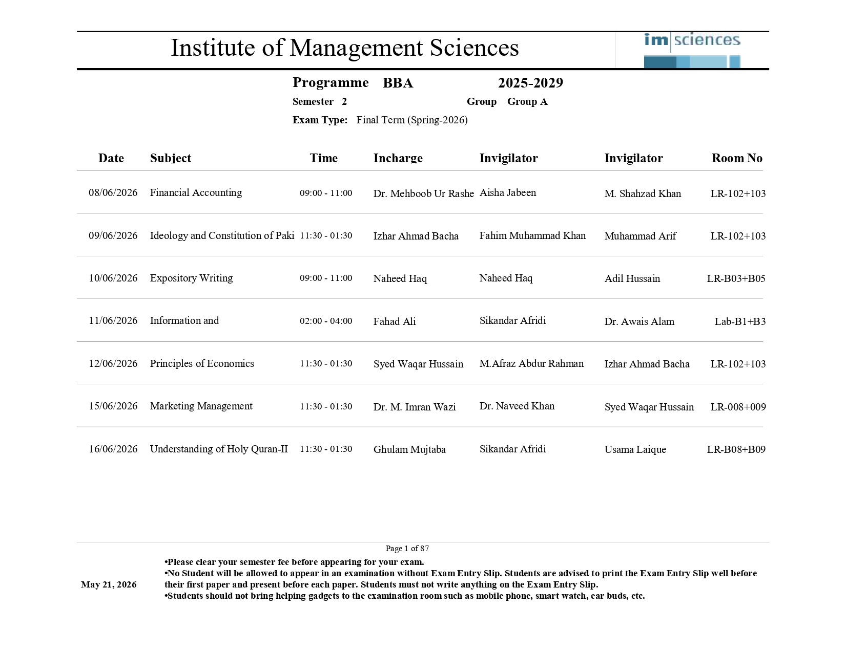 IMS Final Term Exams Date Sheet 2026 Announced IMS Final Term Exams Date Sheet 2026 Announced