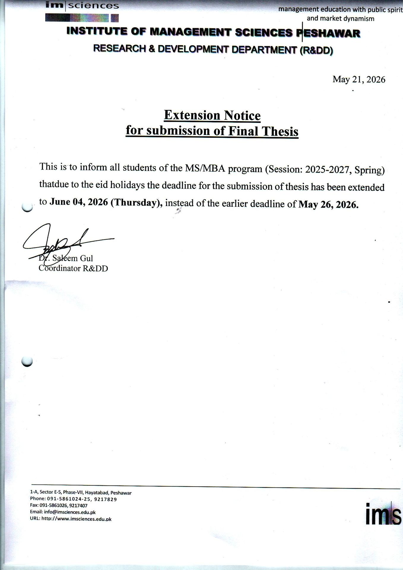 IMS Deadline Extension Notice 2026 for MS & MBA Final Thesis Submission