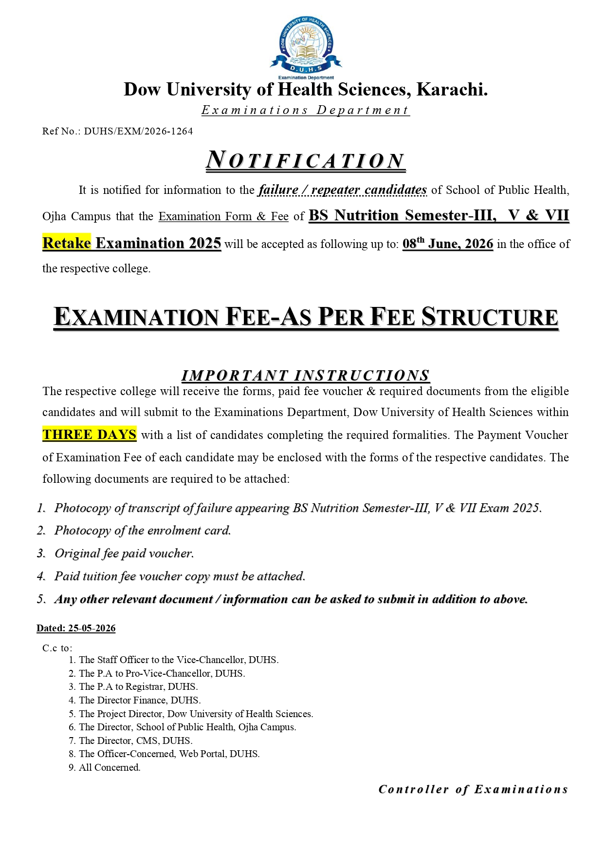 DUHS Exam Form & Fee Notice 2026 for BS Nutrition & Psychology Students Released DUHS Exam Form & Fee Notice 2026 for BS Nutrition & Psychology Students Released
