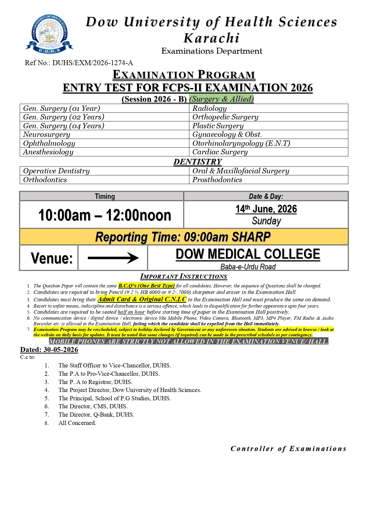 DUHS Entry Test Schedule 2026 for FCPS-II Exams Announced