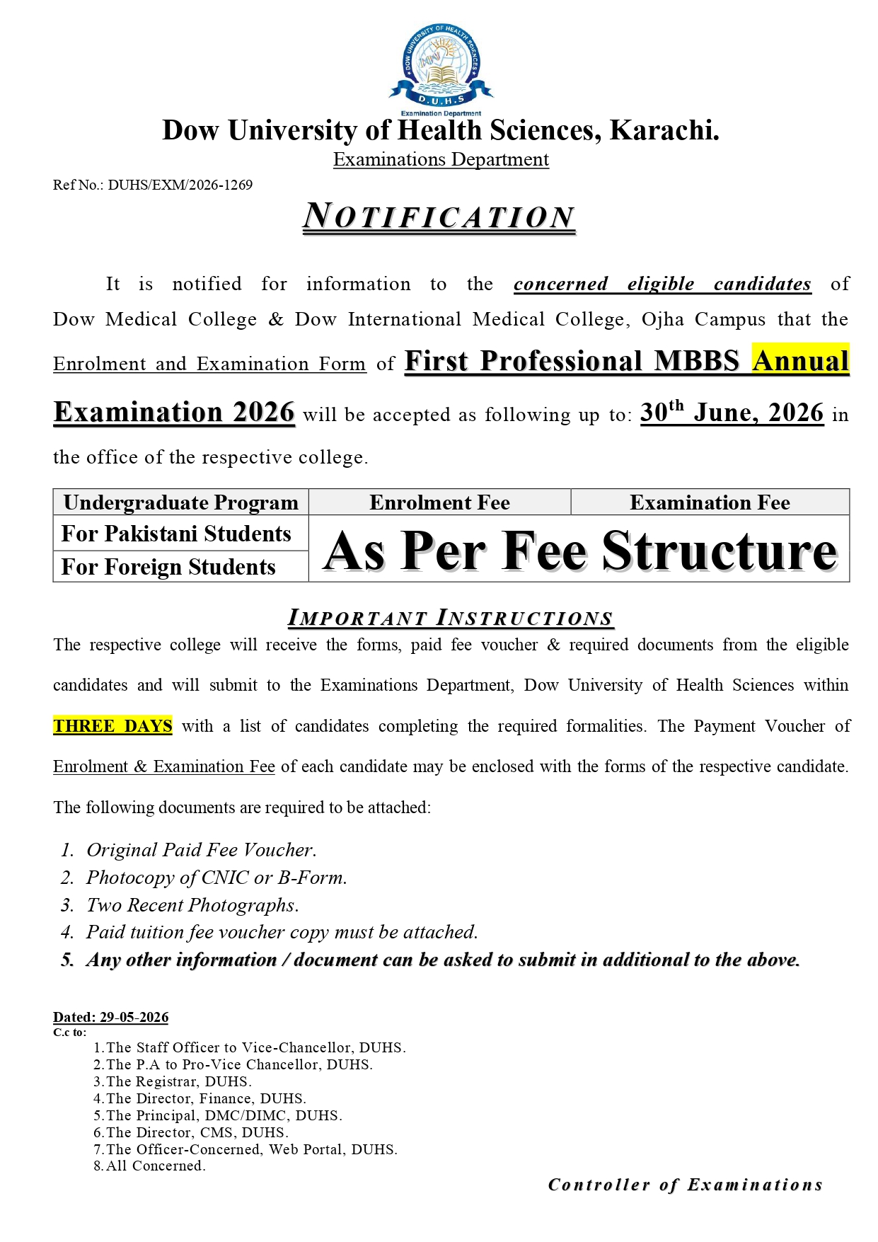 DUHS MBBS Enrolment & Exam Form Notice 2026 Announced DUHS MBBS Enrolment & Exam Form Notice 2026 Announced