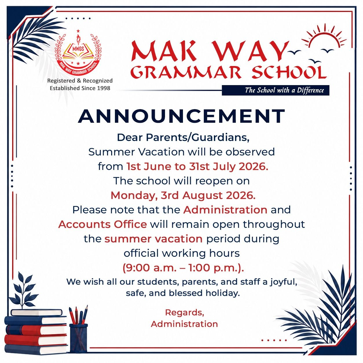 MWGS Summer Holidays 2026–Plan Dates Now