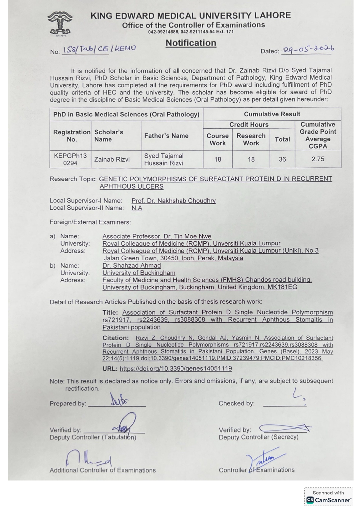 KEMU Result 2026 Announced for PhD Scholar in Oral Pathology