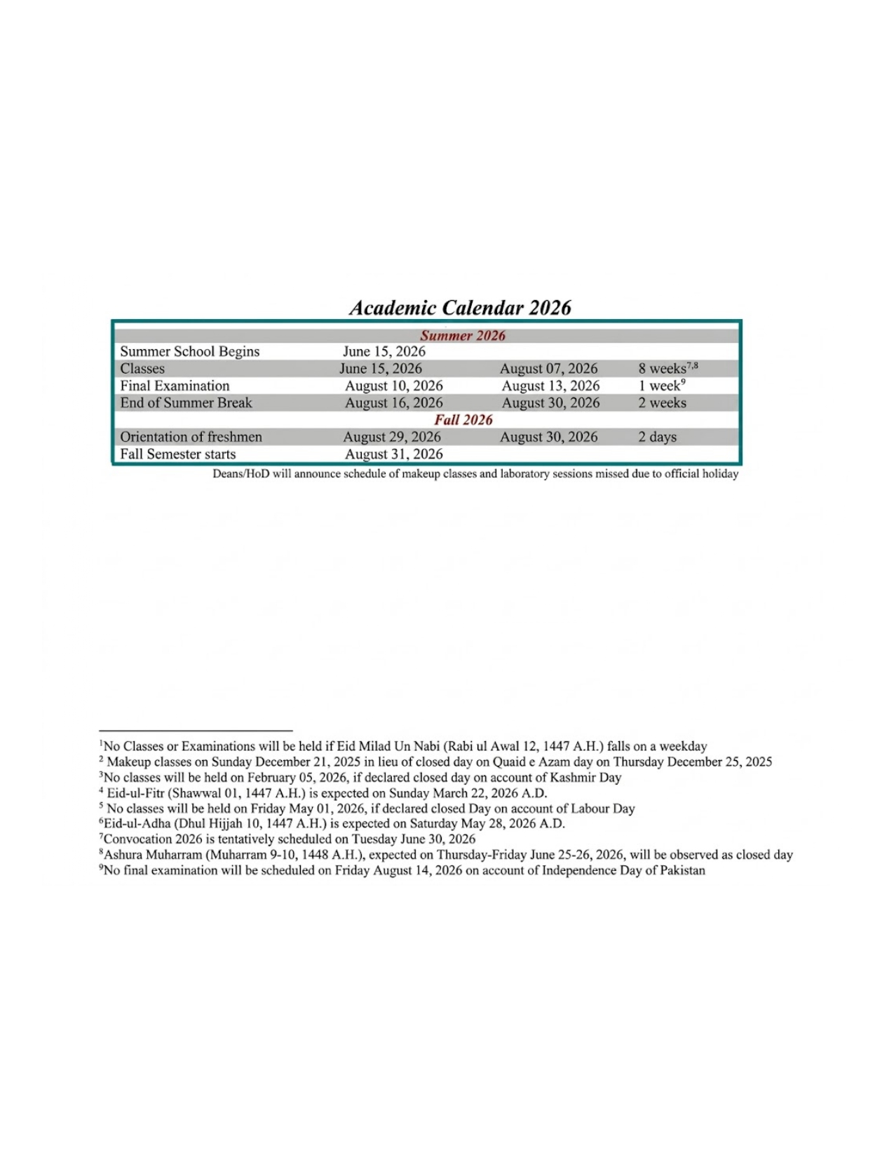 GIKI Academic Calendar 2026 Released for Summer & Fall Semesters GIKI Academic Calendar 2026 Released for Summer & Fall Semesters