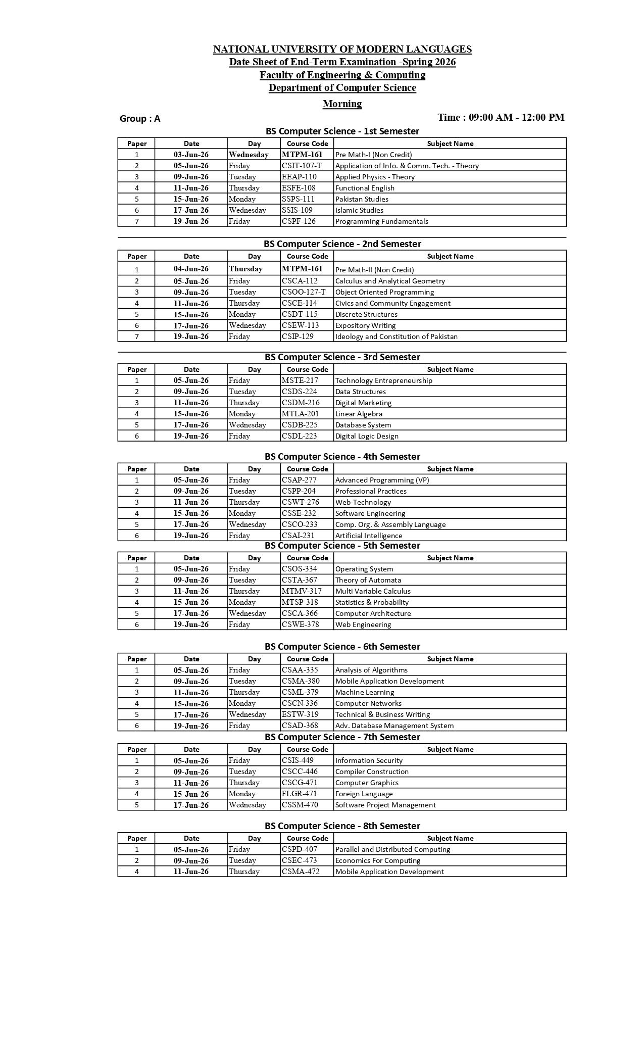 NUML Date Sheet 2026 Released for BS Programs End Term Exams