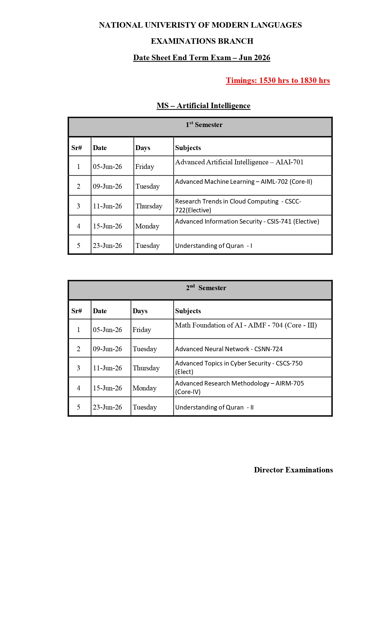 NUML Date Sheet 2026 Released for MSAI Exams NUML Date Sheet 2026 Released for MSAI Exams