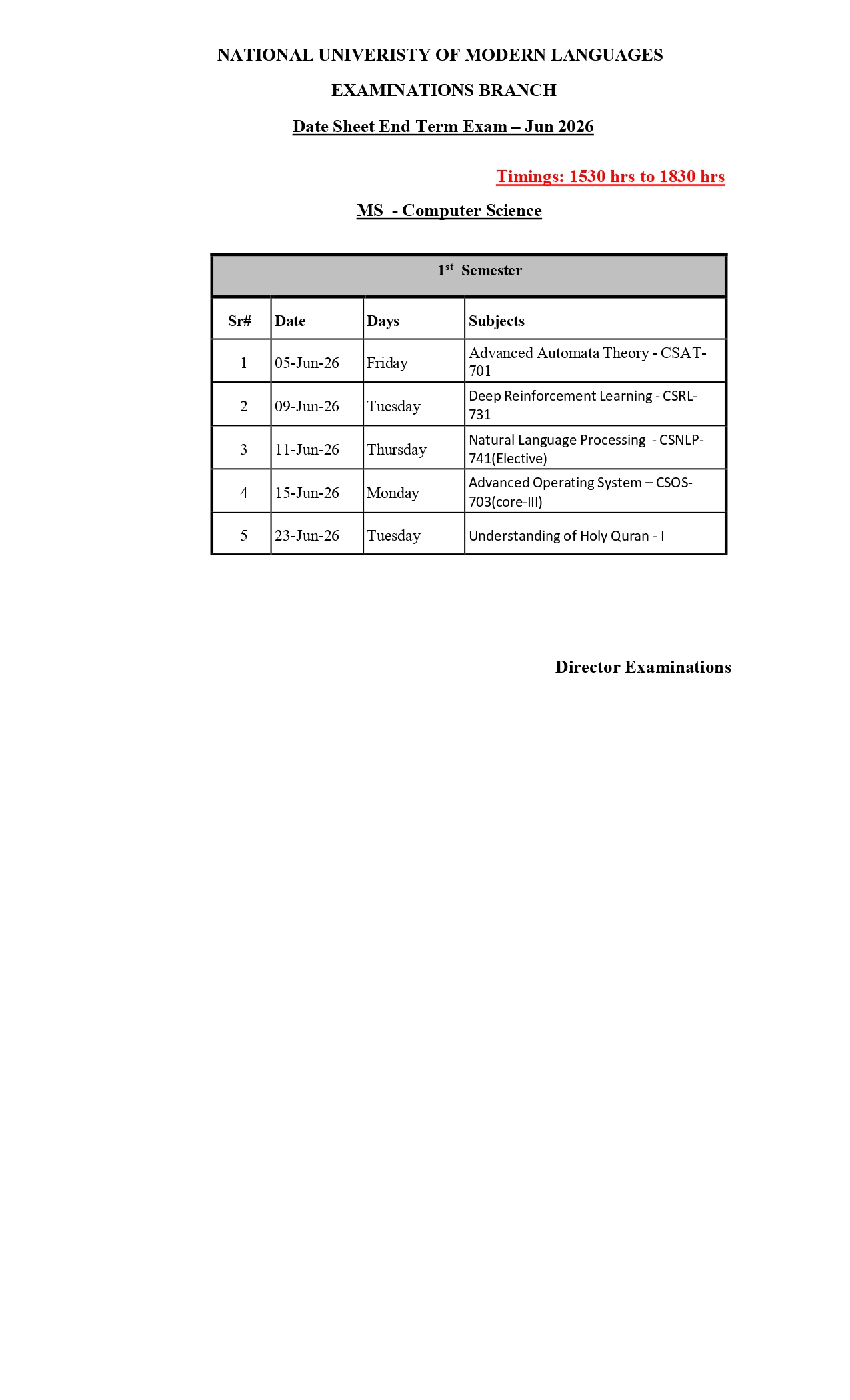 NUML Date Sheet 2026 Released for MSCS Exams