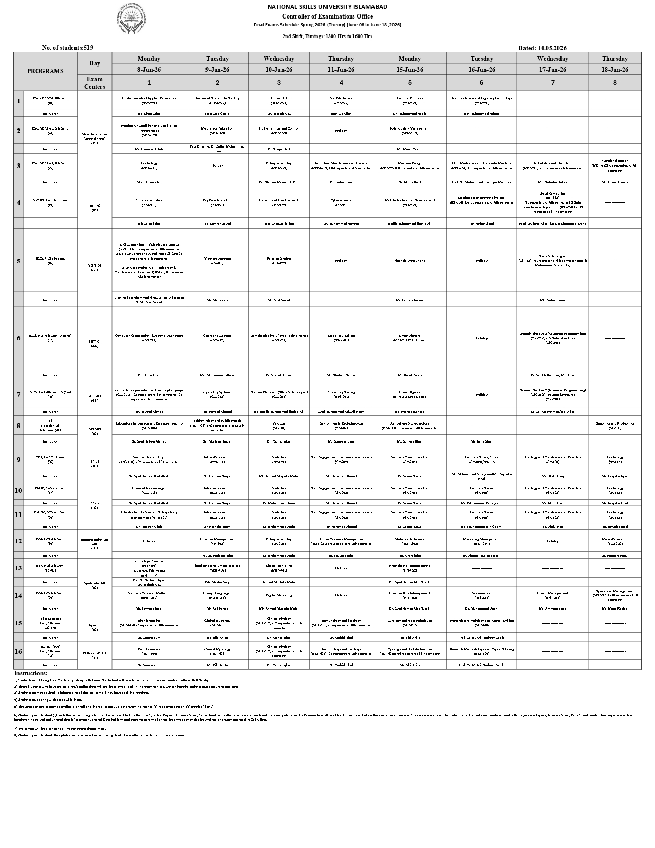 NSU Date Sheet 2026 Released for 2nd Shift Final Exams