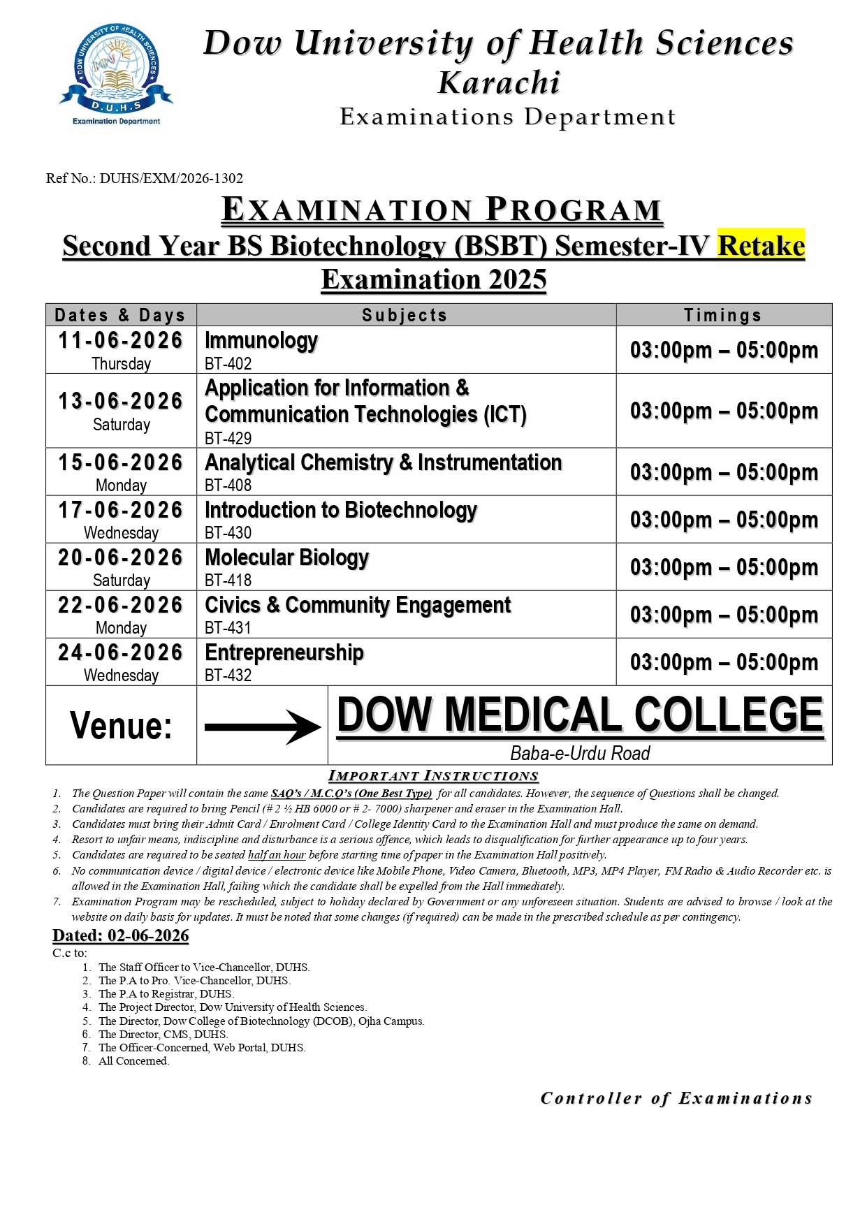 DUHS BSBT Semester IV Retake Exam Date Sheet 2026 Released DUHS BSBT Semester IV Retake Exam Date Sheet 2026 Released