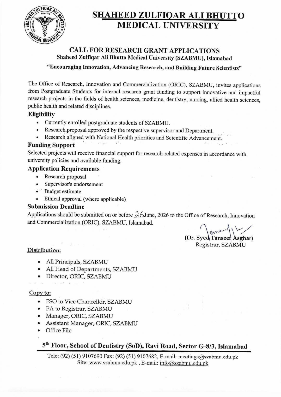 SZABMU Research Grant Application Notice 2026 Announced SZABMU Research Grant Application Notice 2026 Announced