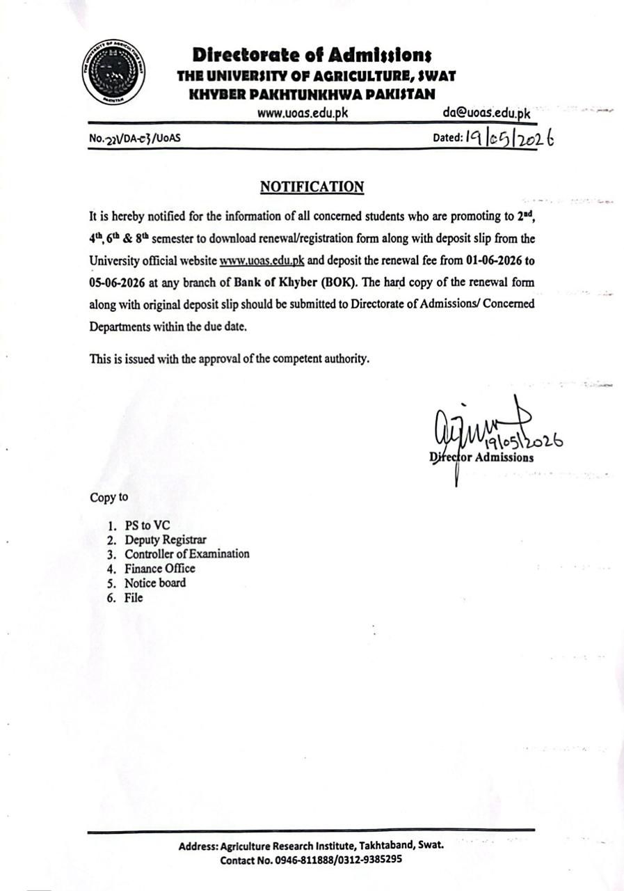 UOAS Fee Submission Notice 2026 for Semester Renewal Released
