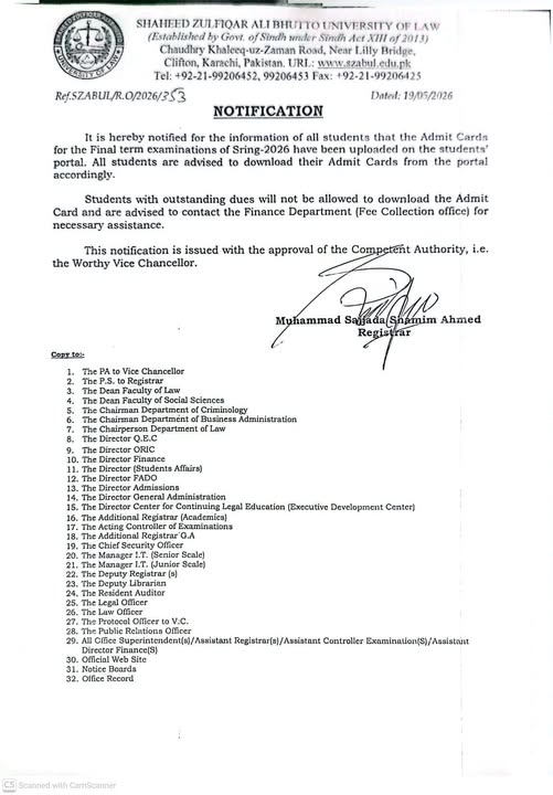 SZABUL Releases Admit Card Notice 2026 for Spring Final Term Exams