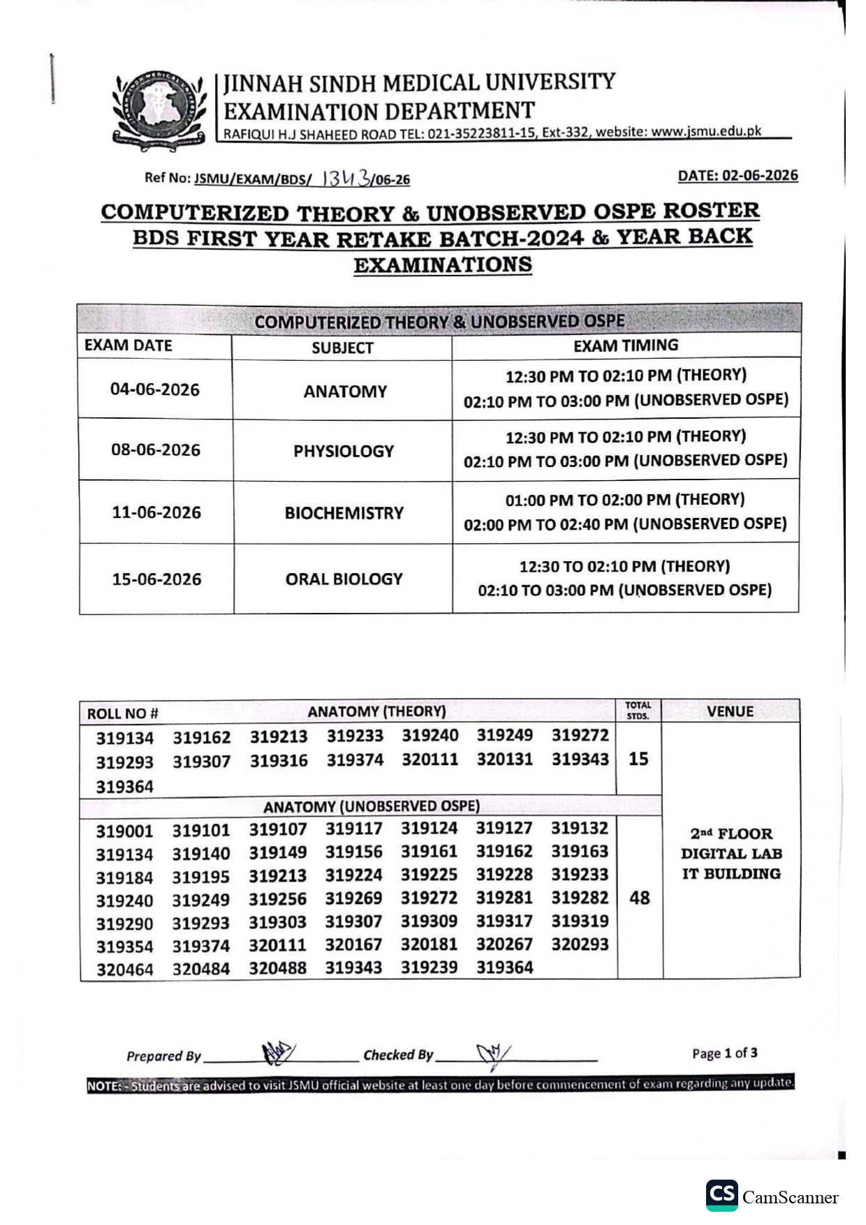 JSMU Date Sheet 2026 for BDS Program Exams Issued
