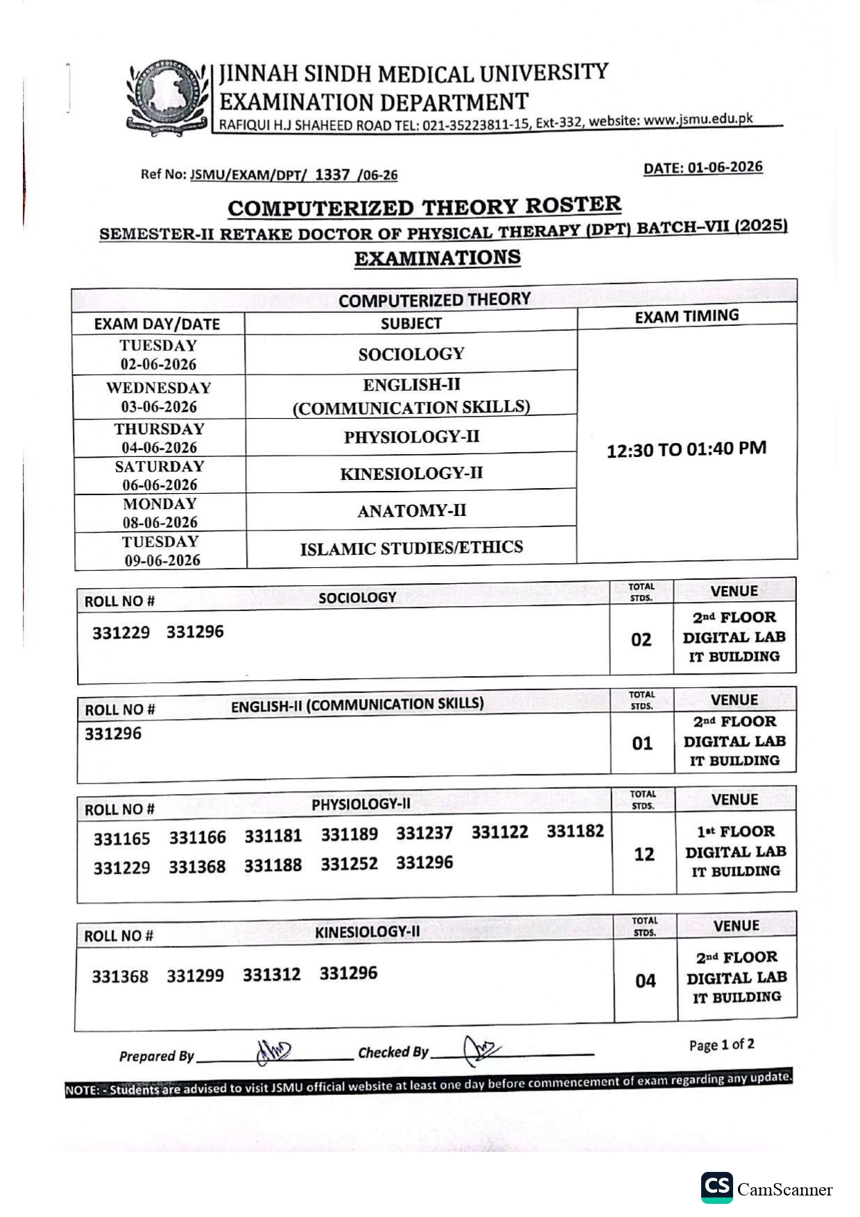 JSMU Date Sheet 2026 Released for DPT Program Exams