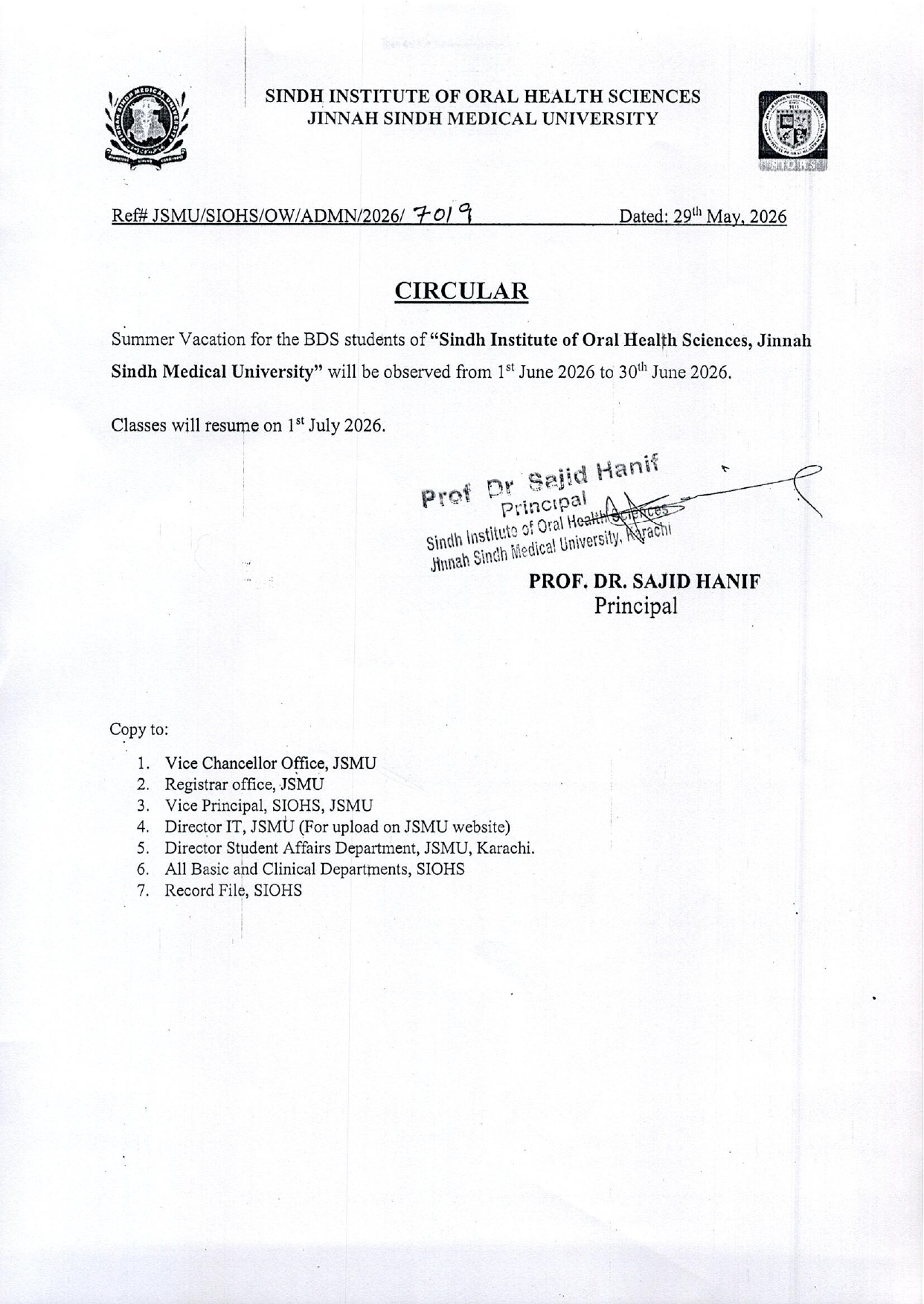 JSMU Announces Summer Vaccations Notice for SIOHS BDS Students 2026 JSMU Announces Summer Vaccations Notice for SIOHS BDS Students 2026