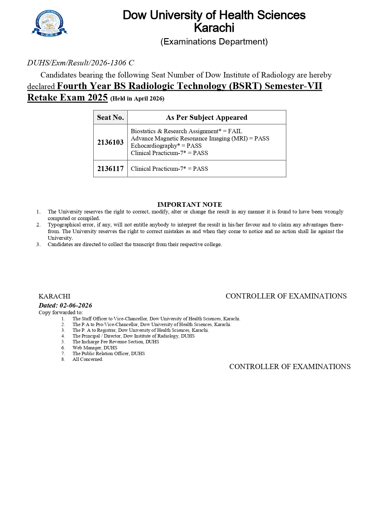 DUHS Releases Result 2026 for 4th Year BSRT Semester VII Retake Exams 2025