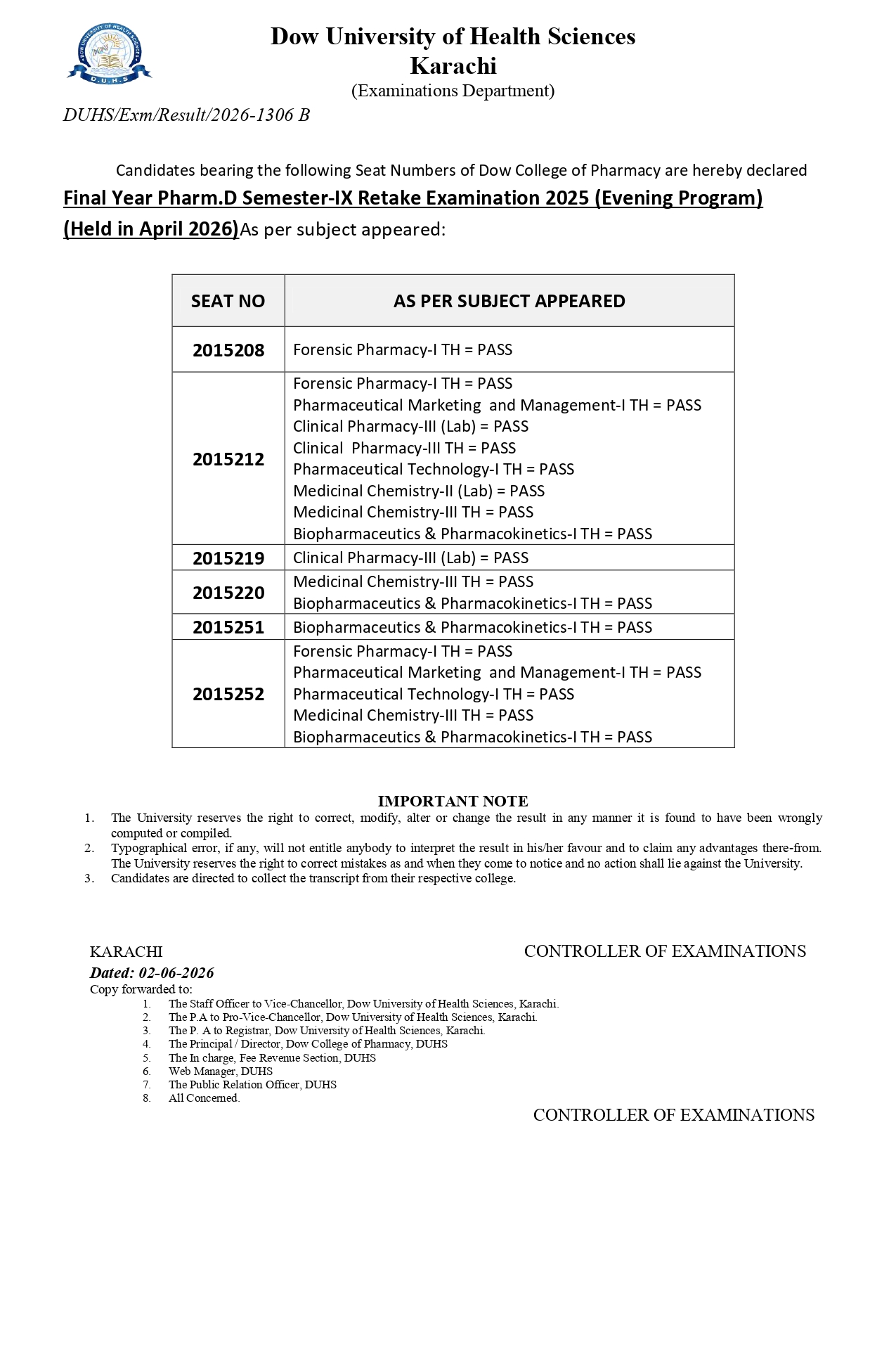 DUHS Result 2026 Announced for Final Year PharmD Semester IX Retake Exams DUHS Result 2026 Announced for Final Year PharmD Semester IX Retake Exams