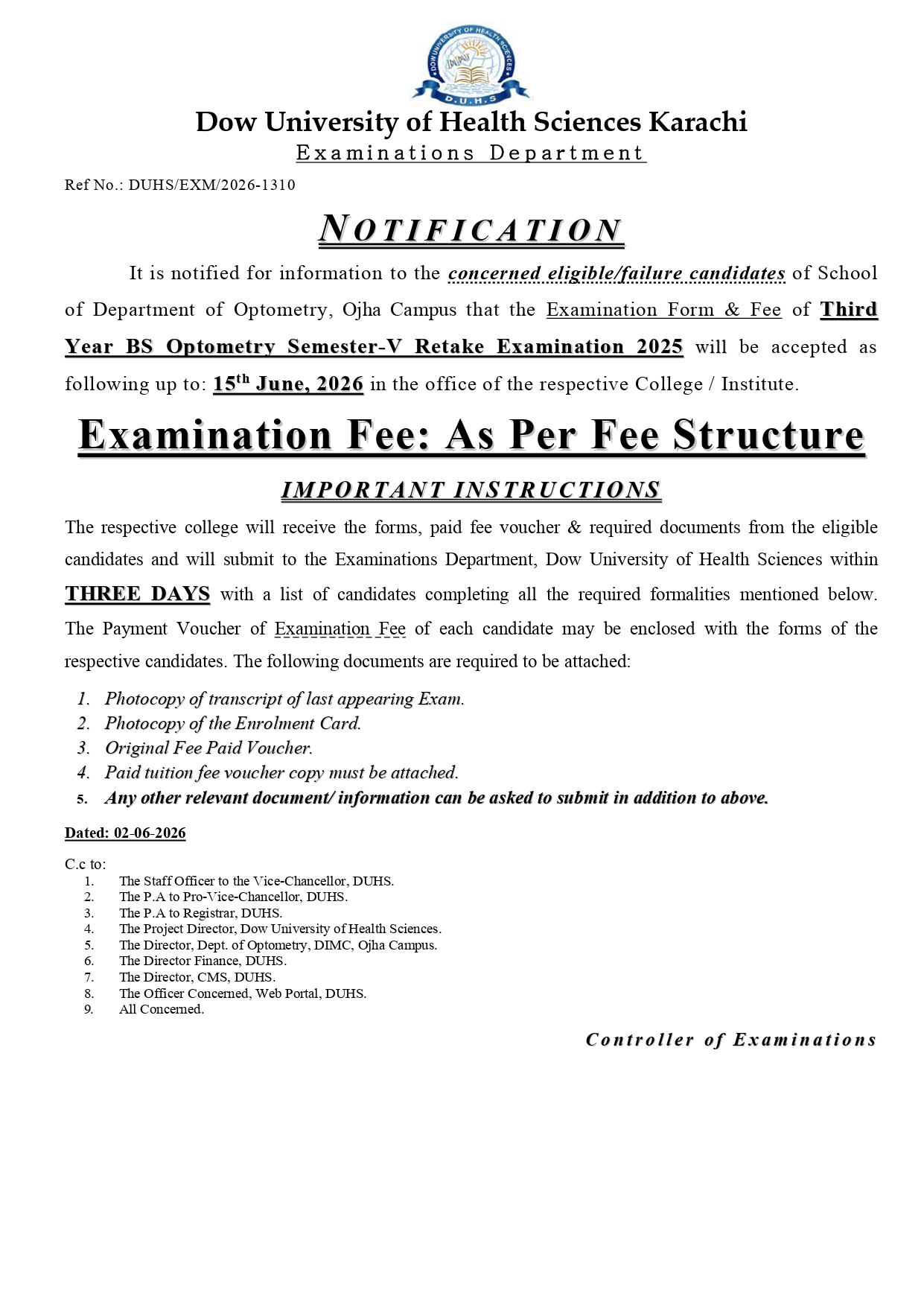 DUHS 3rd Year BSOT Sem V Retake Exam Form & Fee Notice 2026 Released DUHS 3rd Year BSOT Sem V Retake Exam Form & Fee Notice 2026 Released