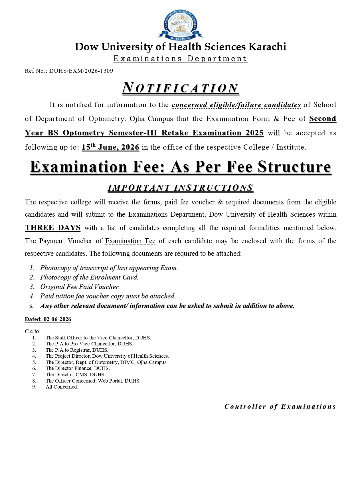 DUHS Releases Exam Form & Fee Notice 2026 for BSOT Sem 3 Retake Exams DUHS Releases Exam Form & Fee Notice 2026 for BSOT Sem 3 Retake Exams