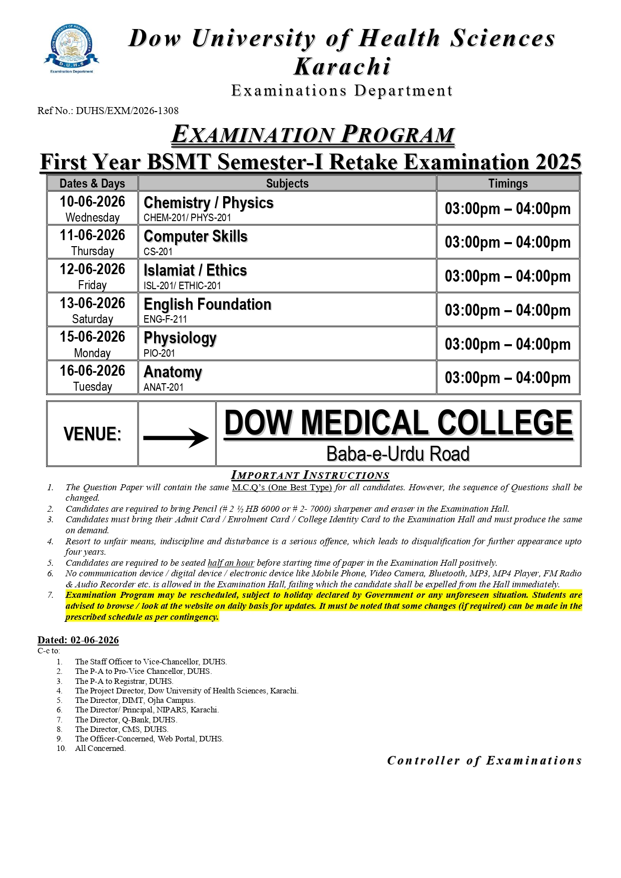 DUHS Date Sheet 2026 Released for 1st Year BSMT Semester I Retake Exams DUHS Date Sheet 2026 Released for 1st Year BSMT Semester I Retake Exams