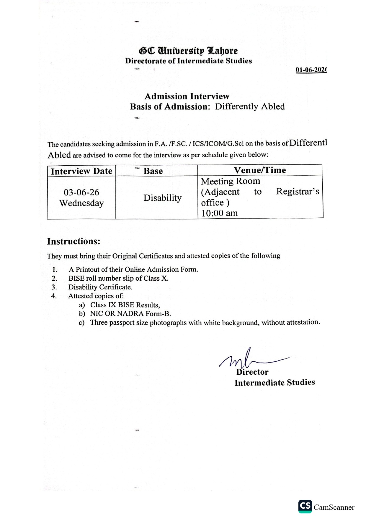 GCU Interview Schedule 2026 Announced for Disability-Based Admissions