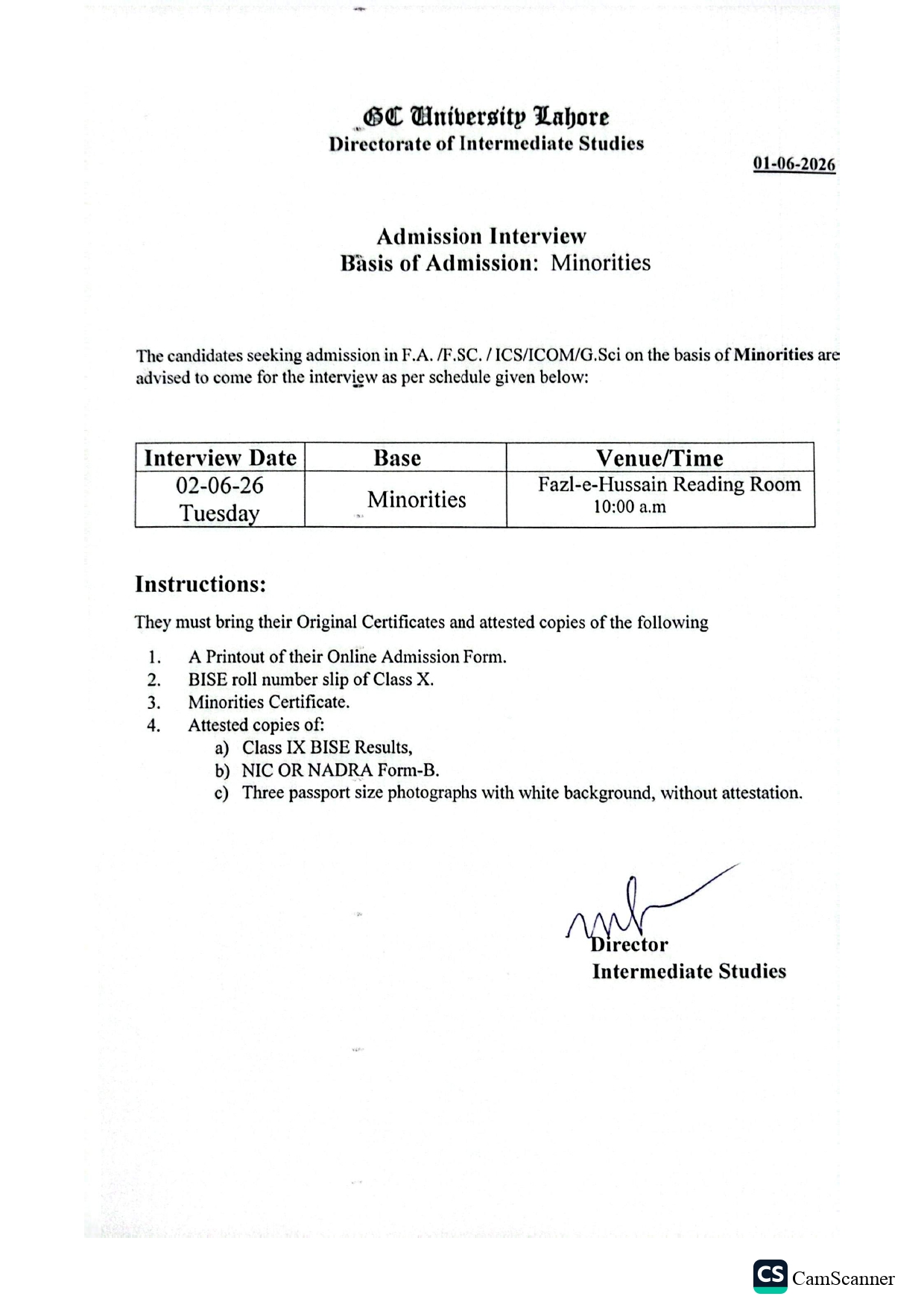 GCU Interview Schedule 2026 for Minority Based Admissions Published