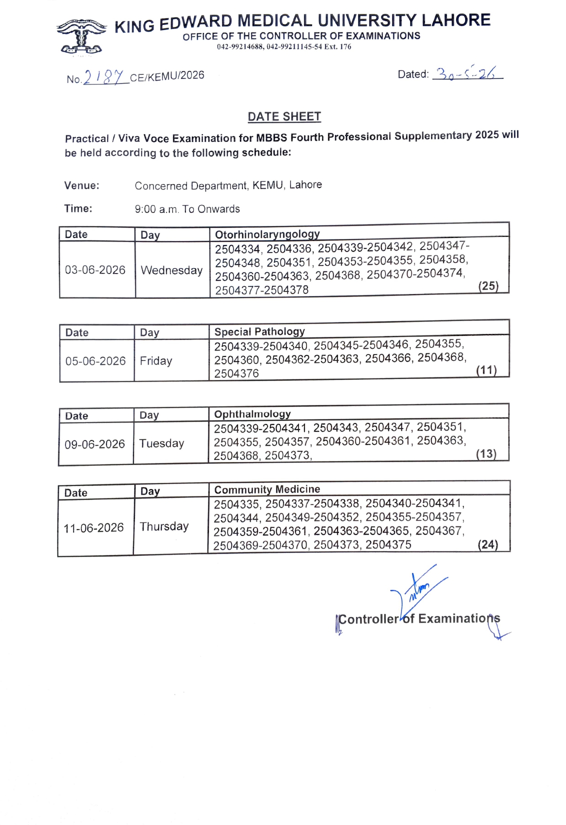 KEMU Date Sheet 2026 Released for MBBS 4th Professional Supplementary Exams