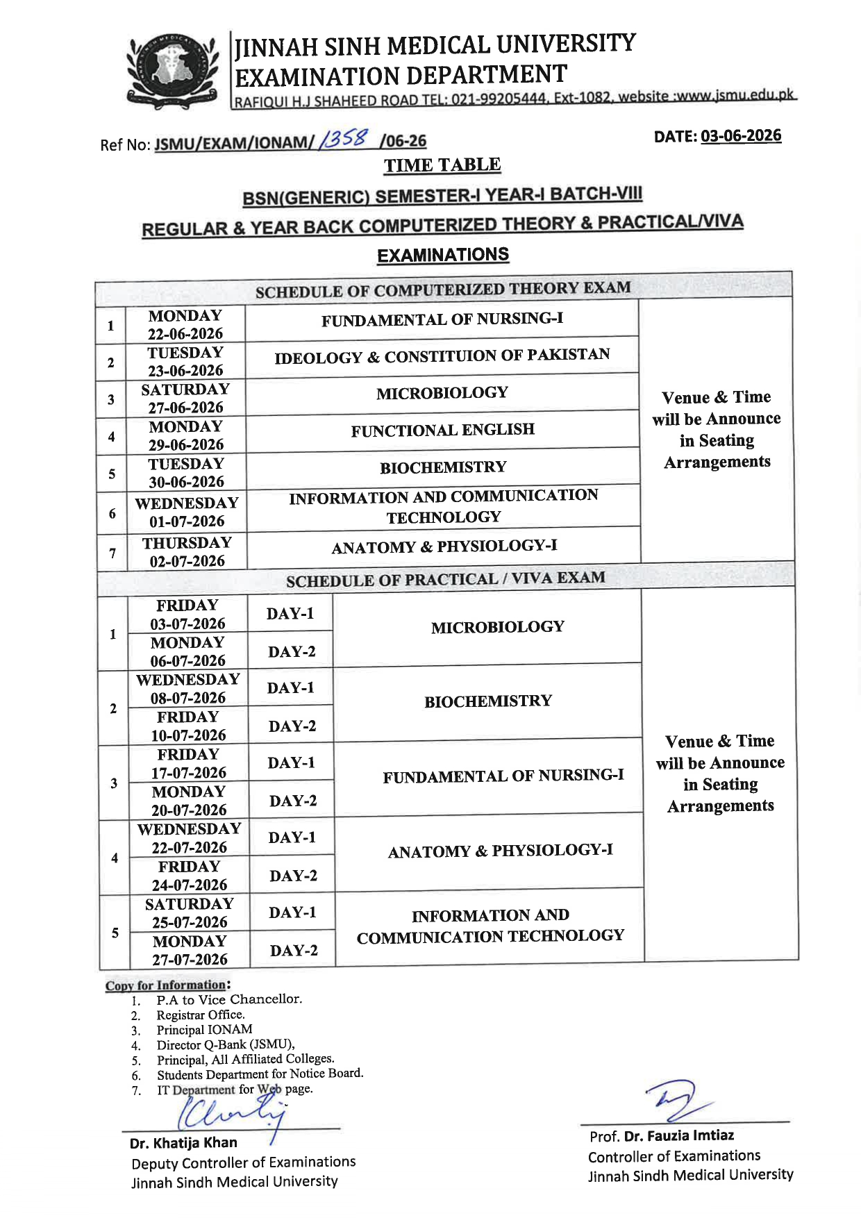 JSMU Date Sheet 2026 Released for BSN Generic Semester I Exams