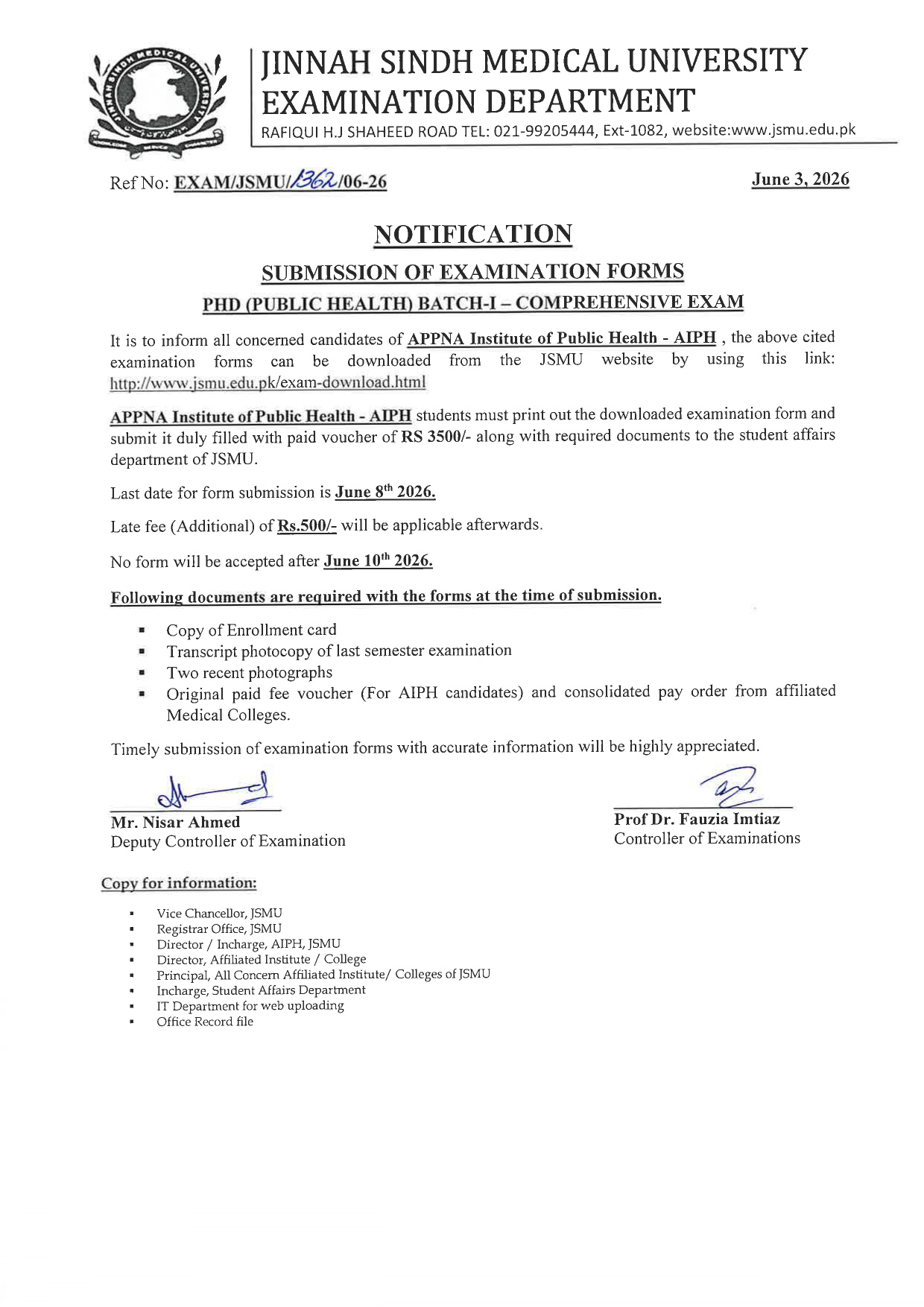 JSMU Exam Form Submission Notice 2026 Released for PhD Public Health Students