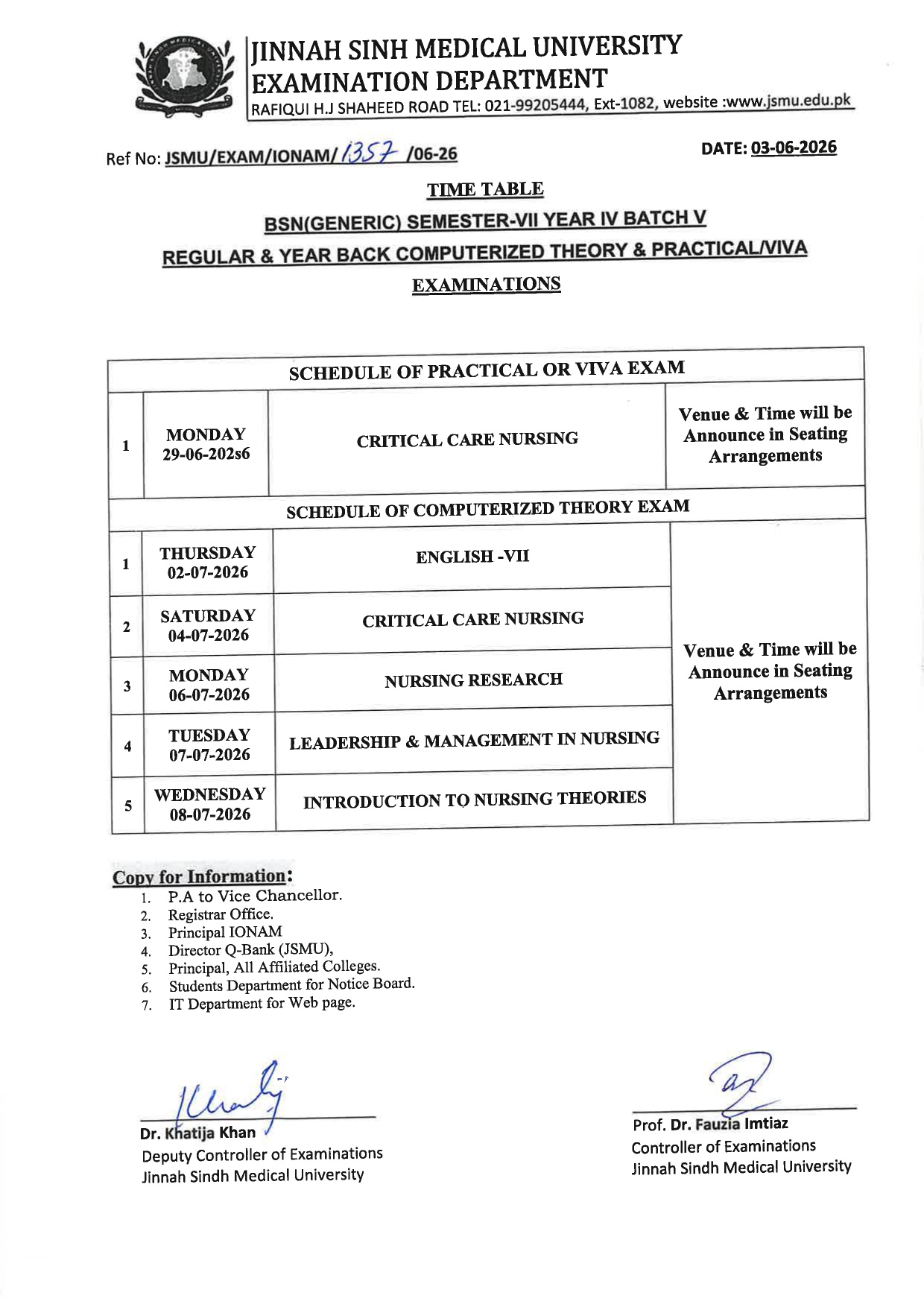 JSMU Exam Schedule 2026 Released for BSN Generic Sem VII Exams