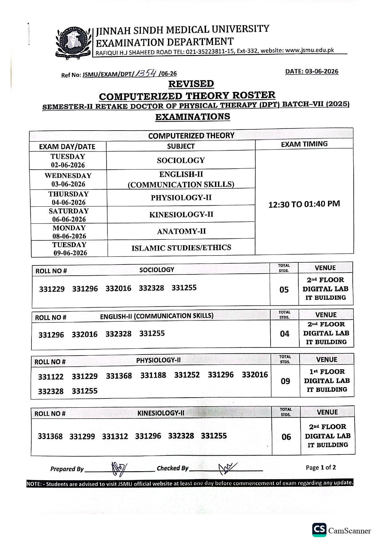 JSMU Exam Timeline 2026 Released for DPT Semester II Retake Exams