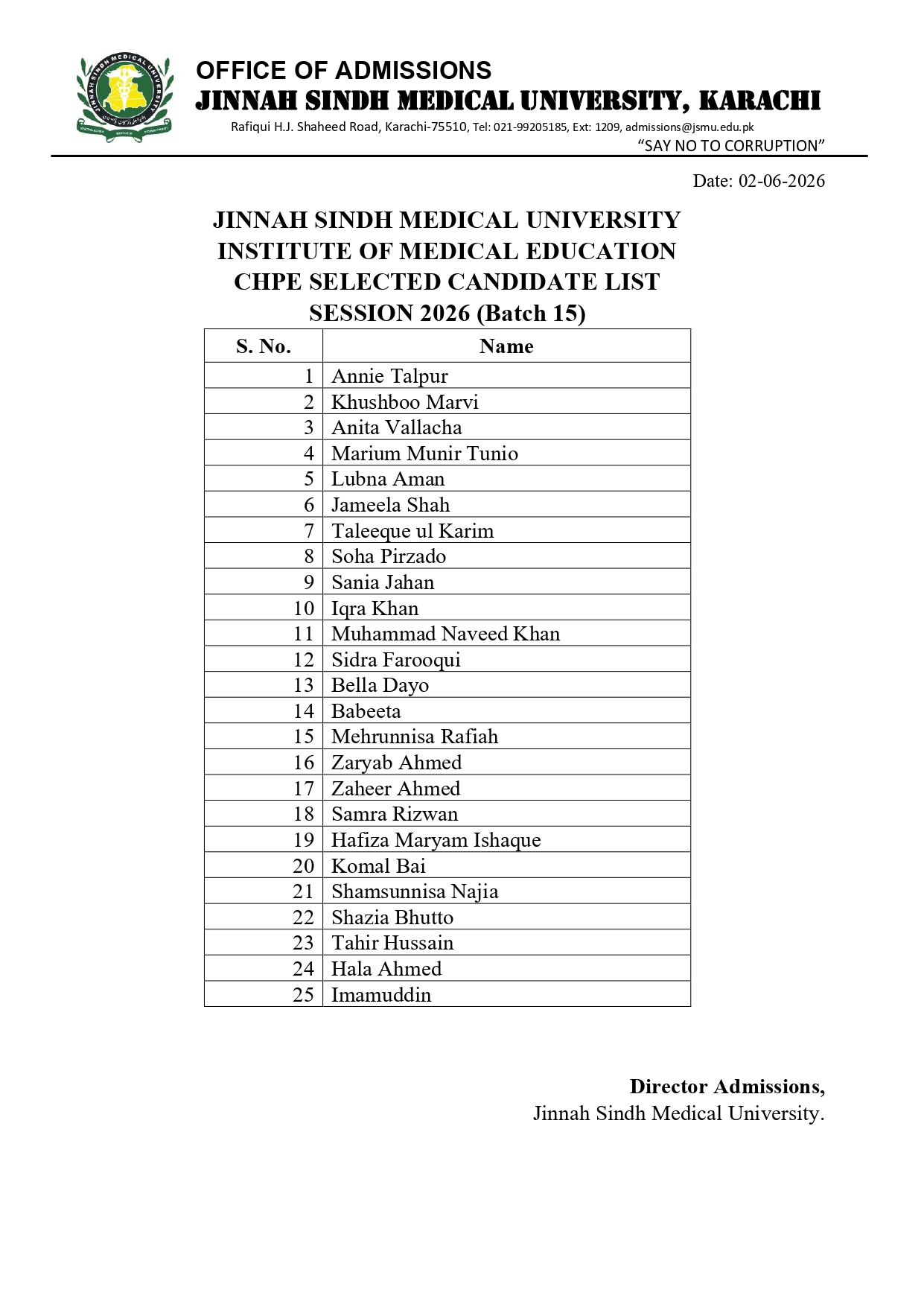 JSMU Announces CHPE Batch 15 Selected Candidates List 2026