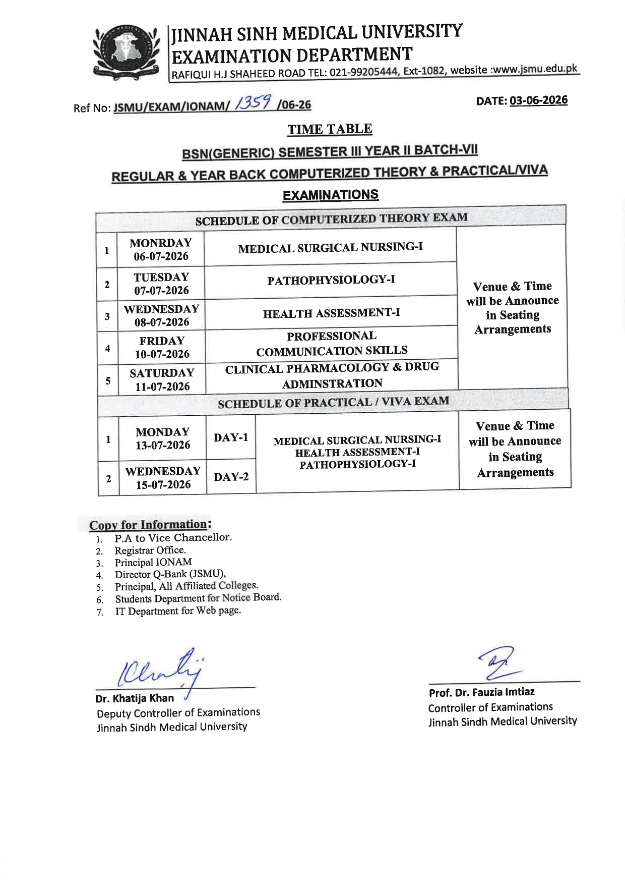 JSMU Time Table 2026 Released for BSN Semester III Year II Exams
