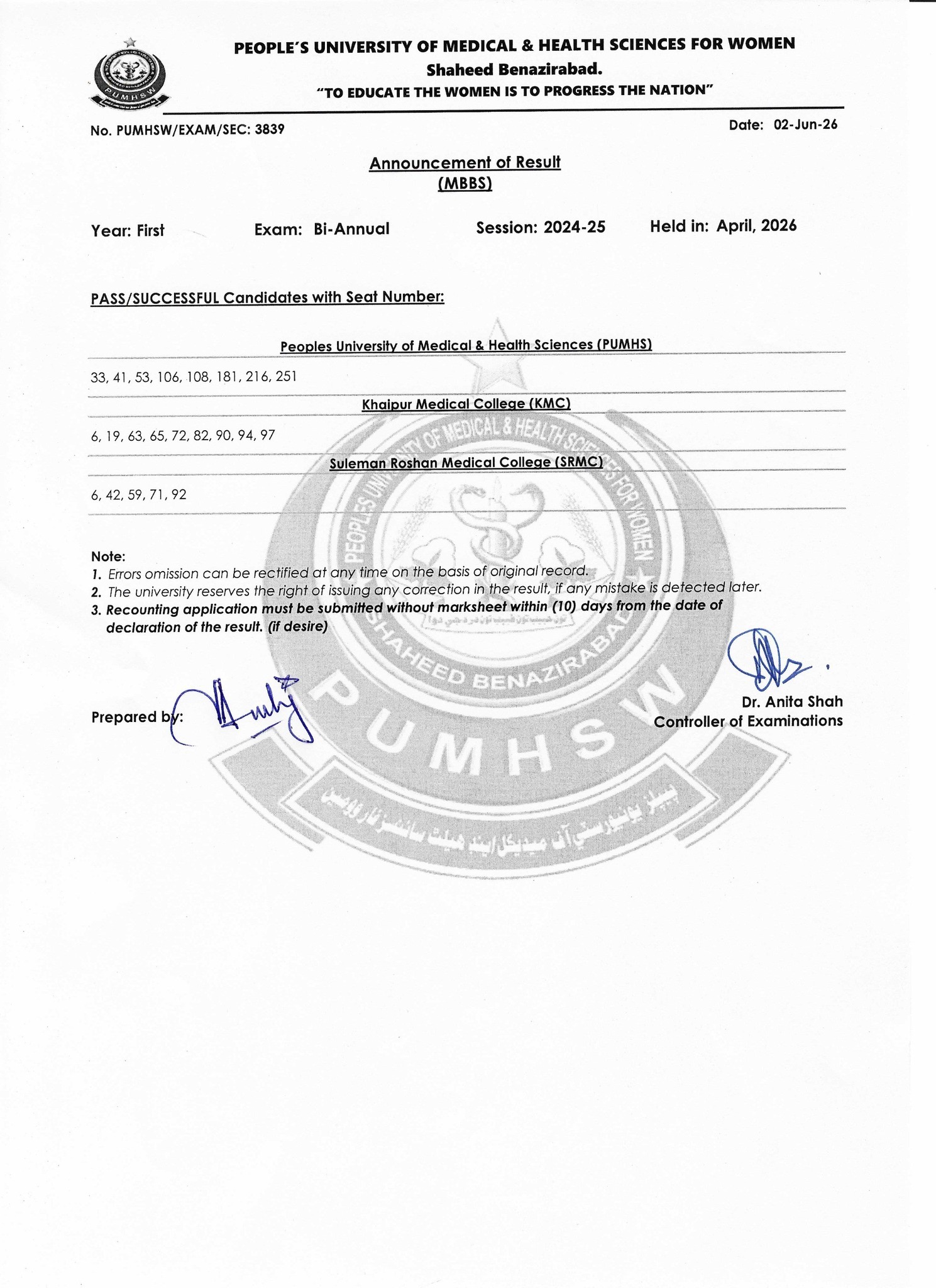 PUMHS Result 2026 Announced for 1st Year MBBS Bi Annual Exams
