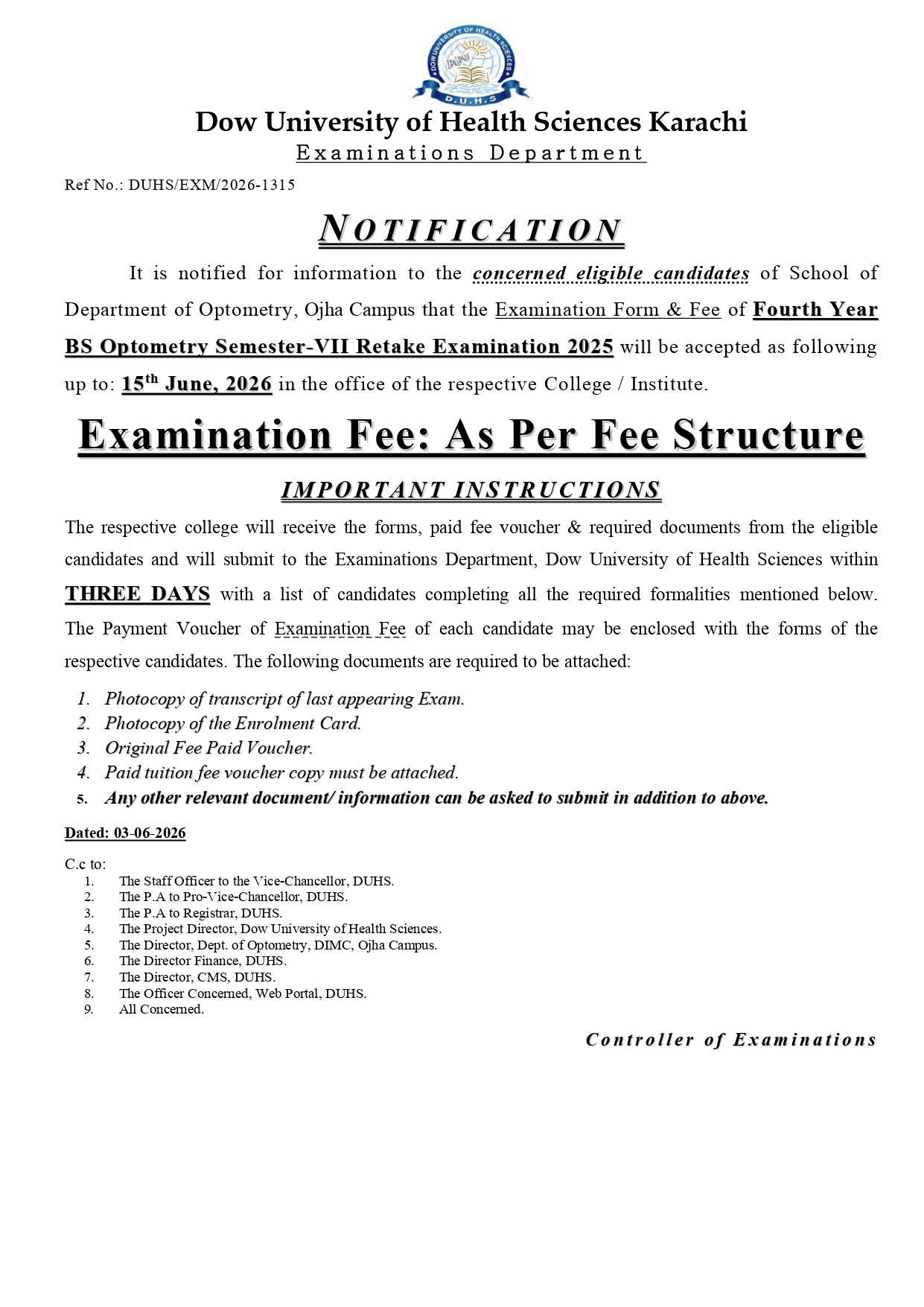 DUHS Exam Form & Fee Notice 2026 Released for BS Optometry Semester VII