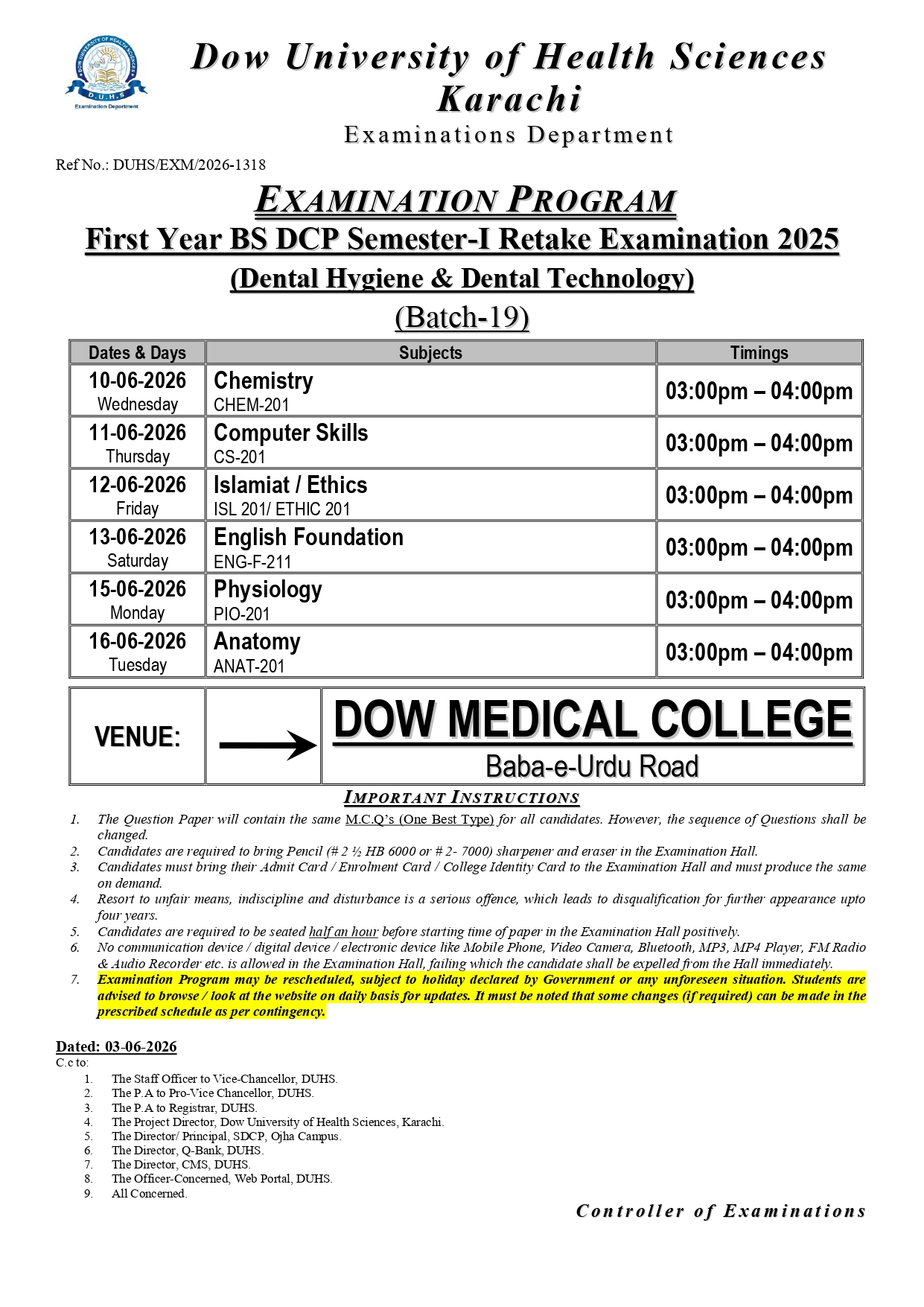 DUHS Date Sheet 2026 Released for 1st Year BSDCP Semester I Retake Exams