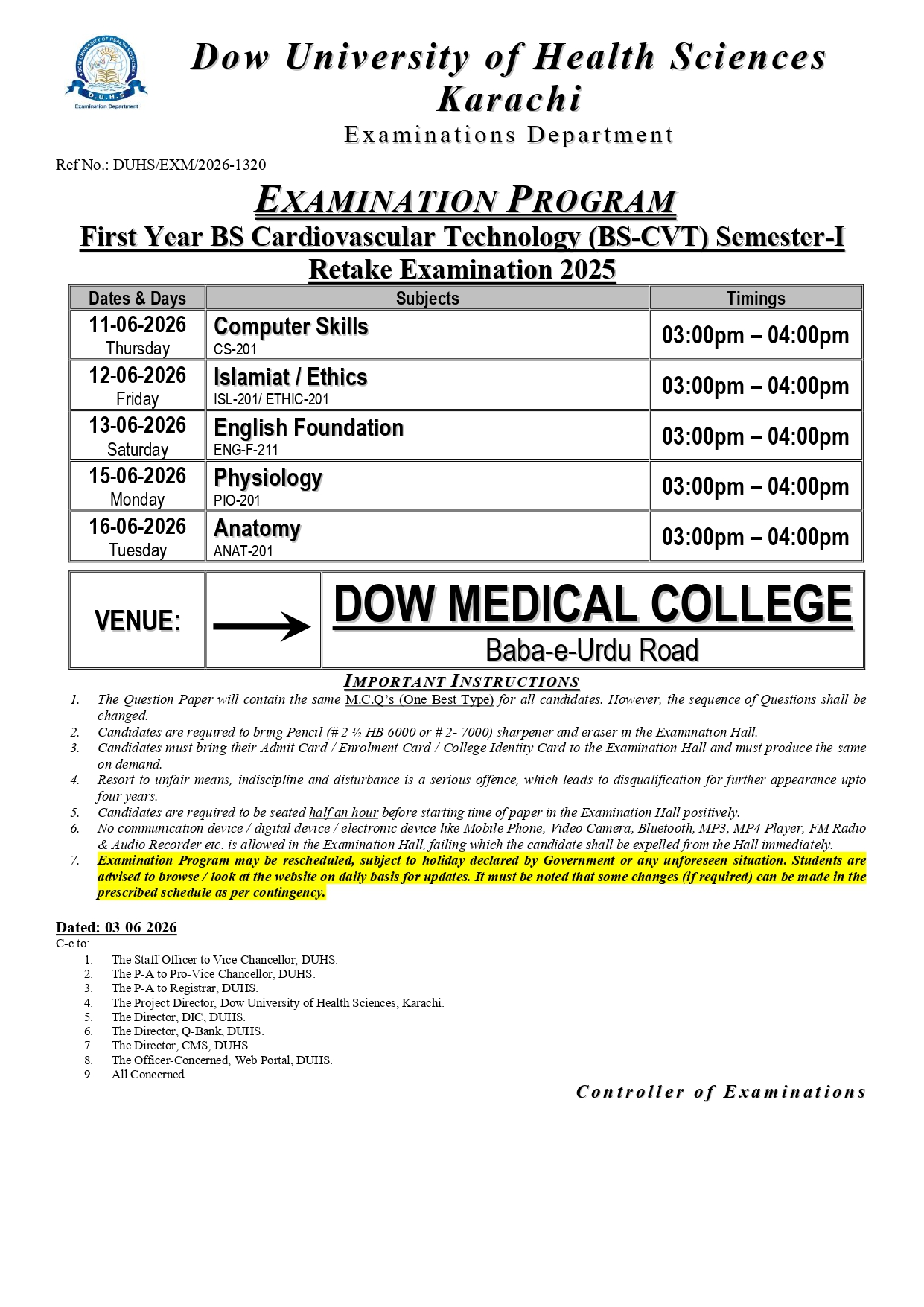 DUHS Date Sheet 2026 for BSCVT 1st Year Sem-I Retake Exams Released
