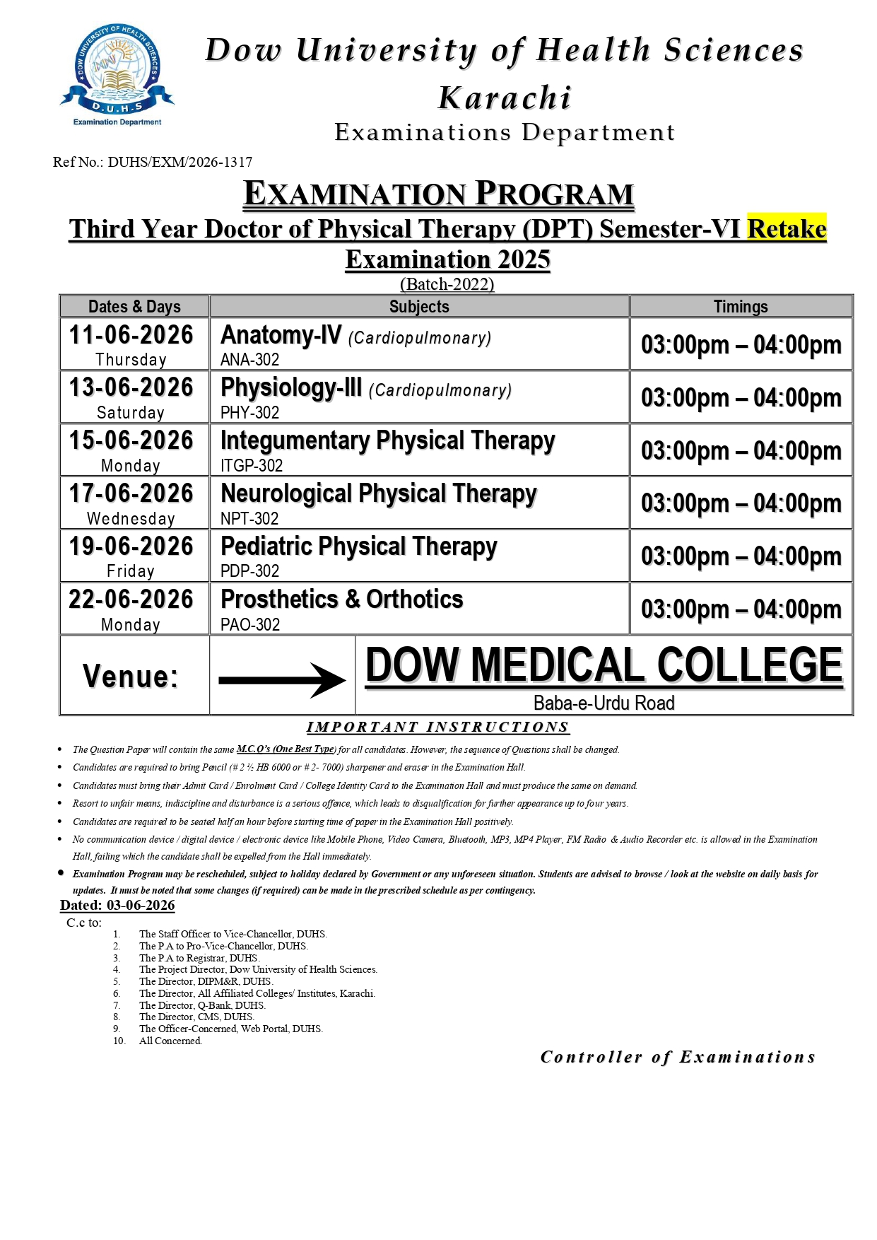 DUHS Date Sheet 2026 Released for 3rd Year DPT Semester VI Retake Exams