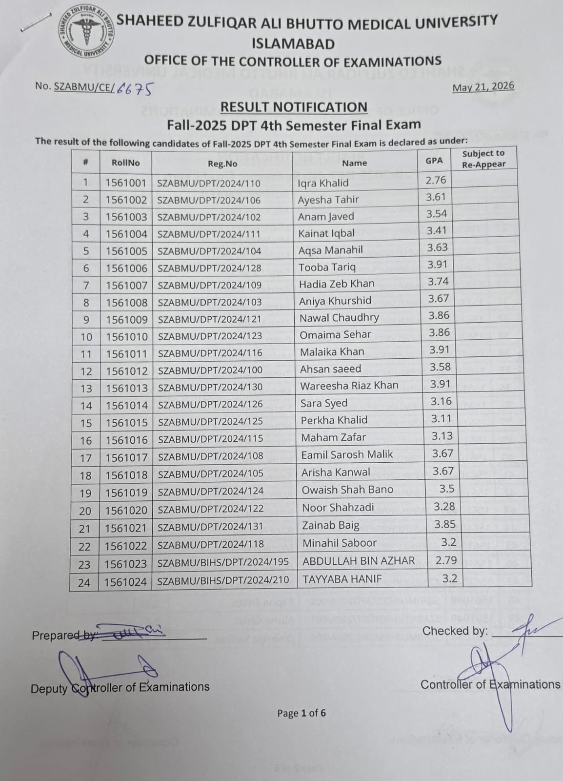 SZABMU Result 2026 Announced for DPT 4th Semester Final Exams