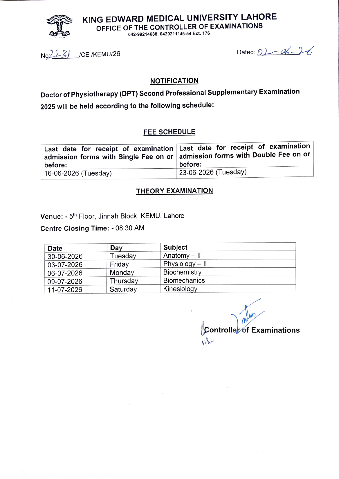 KEMU Date Sheet 2026 Released for DPT 2nd Professional Supplementary Exams