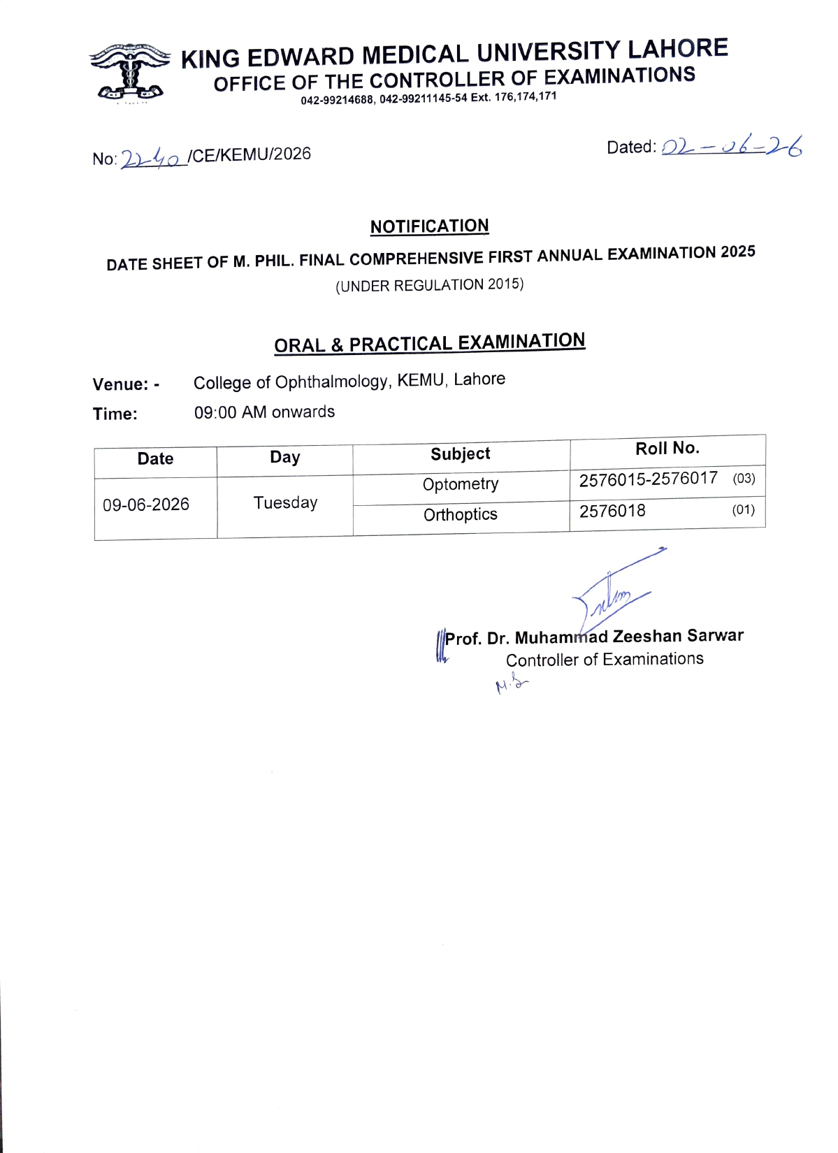 KEMU Date Sheet 2026 Released for MPhil Final Comprehensive Exams