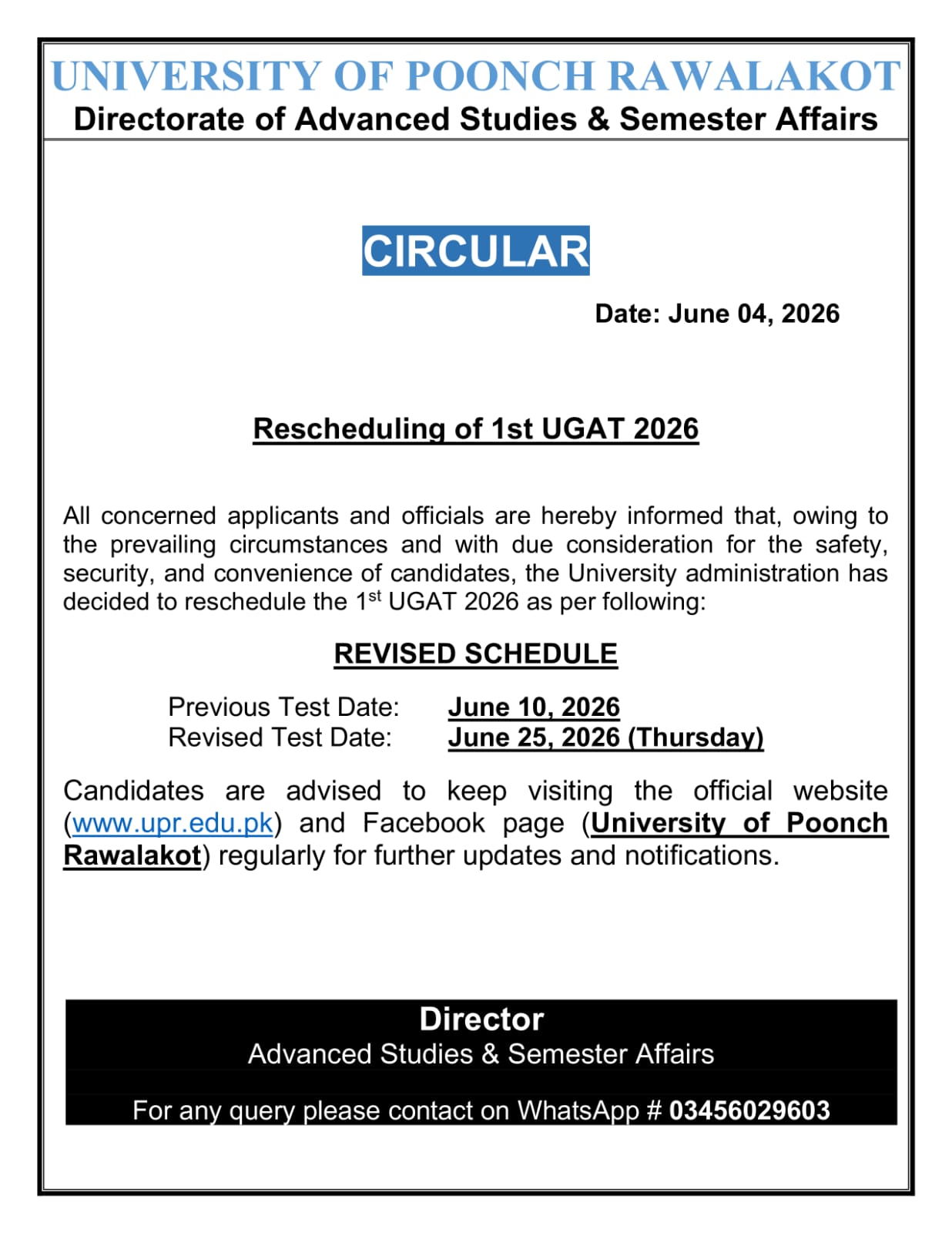 UPR 1st UGAT Revised Schedule 2026 Announced