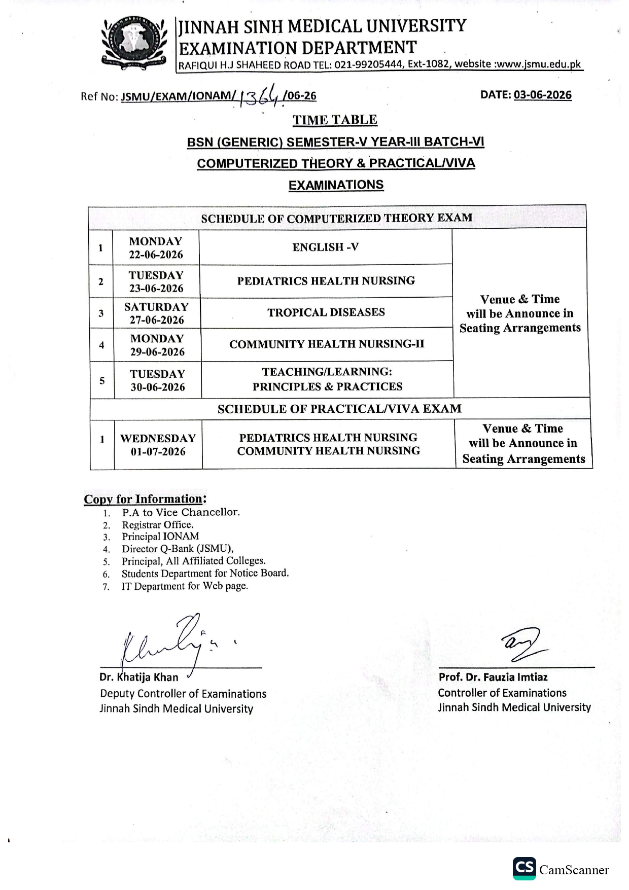 JSMU BSN Generic Sem V Year III Batch VI Time Table 2026 Announced