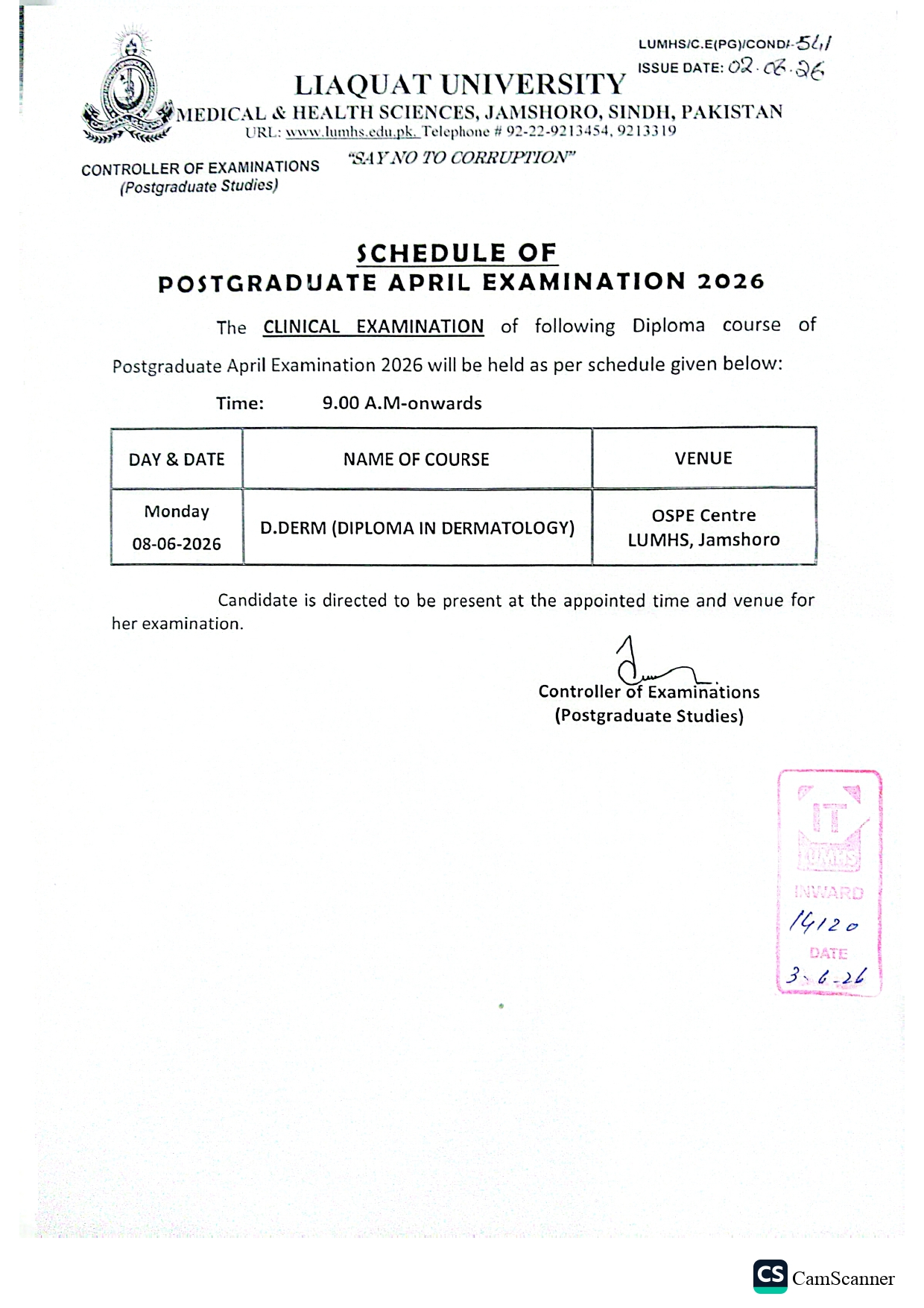 LUMHS DDERM Exam Date Sheet 2026 Announced