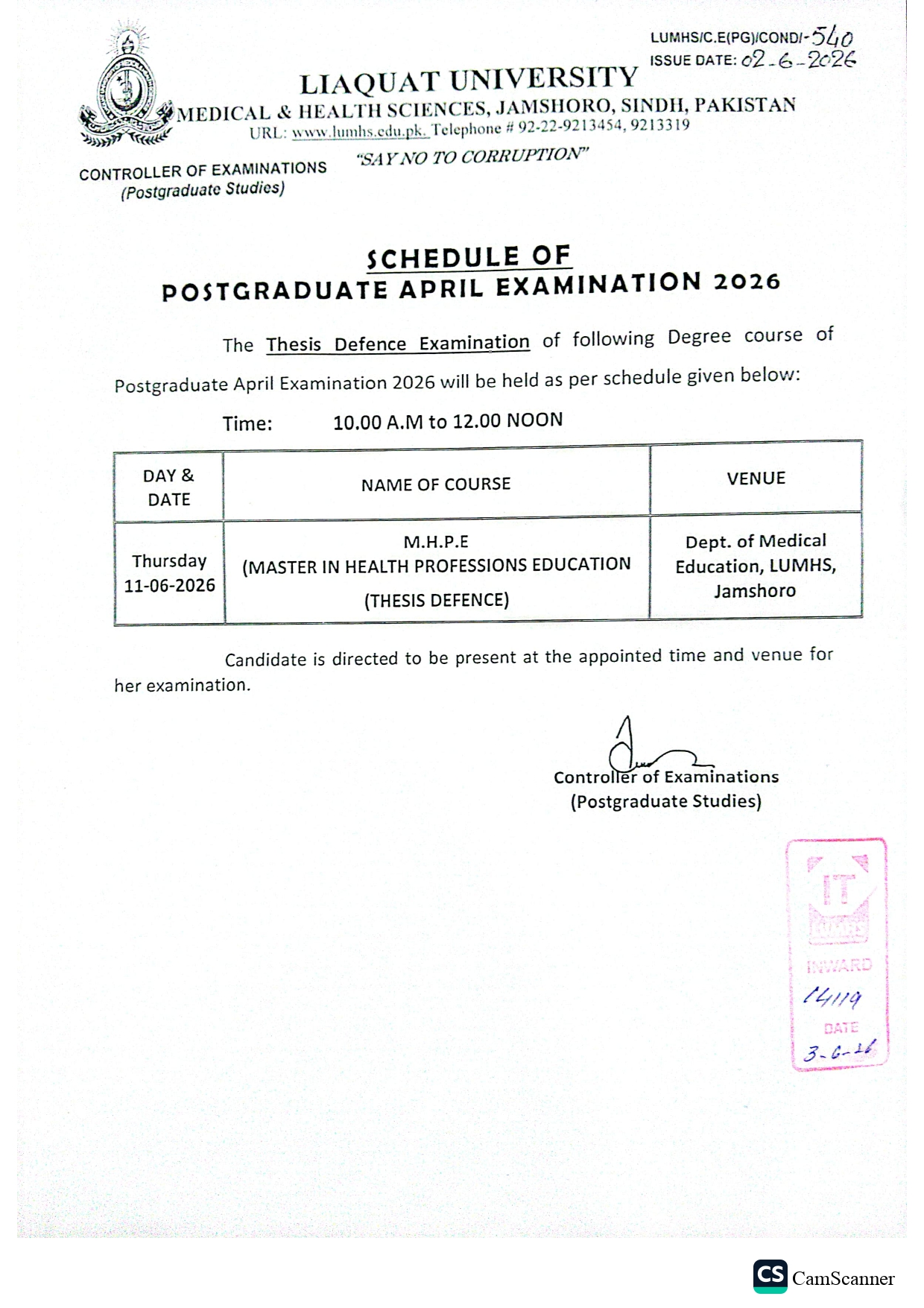 LUMHS Date Sheet 2026 Released for MHPE Postgraduate Exams