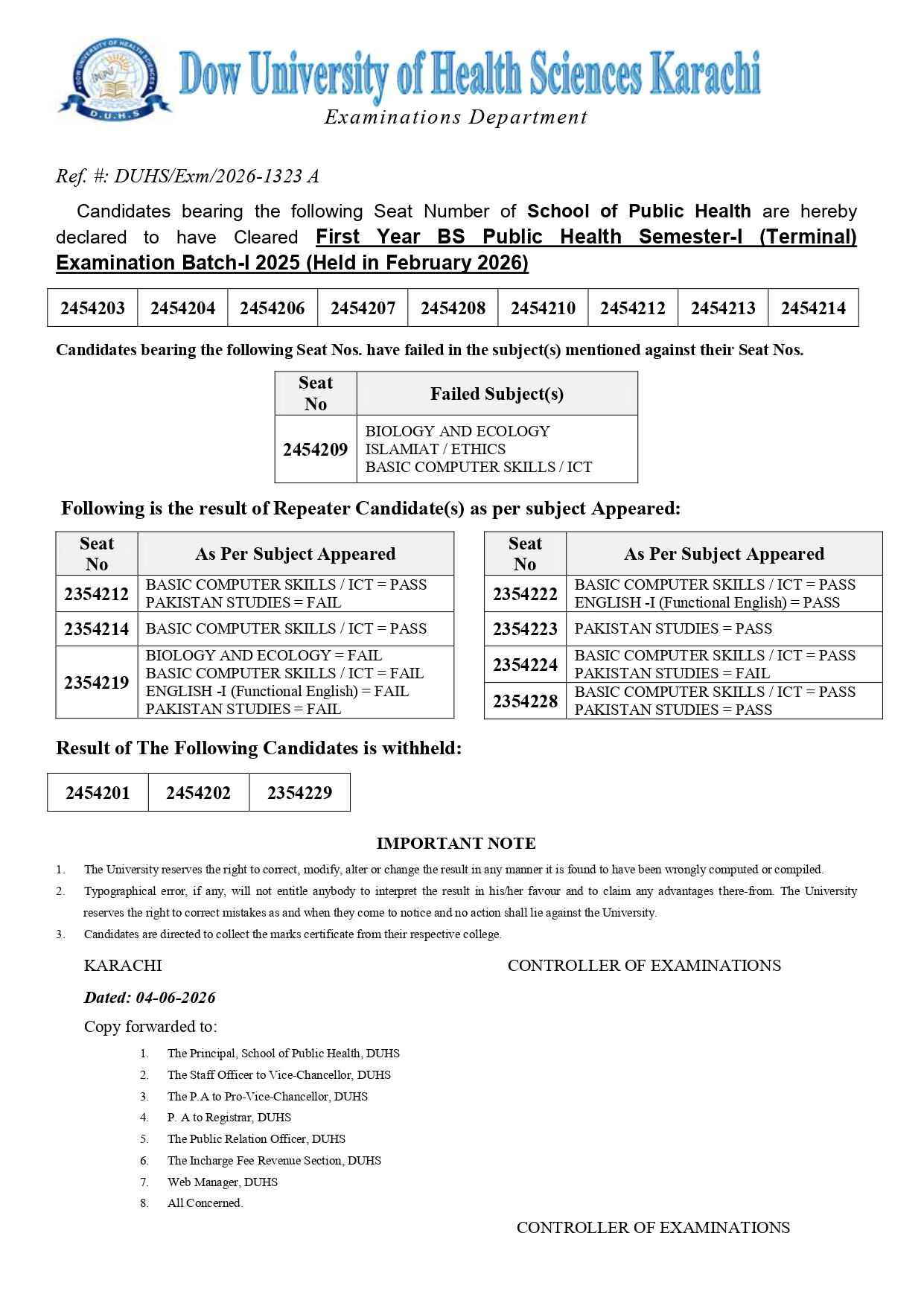 DUHS BSPH Semester-I Result 2026 Announced