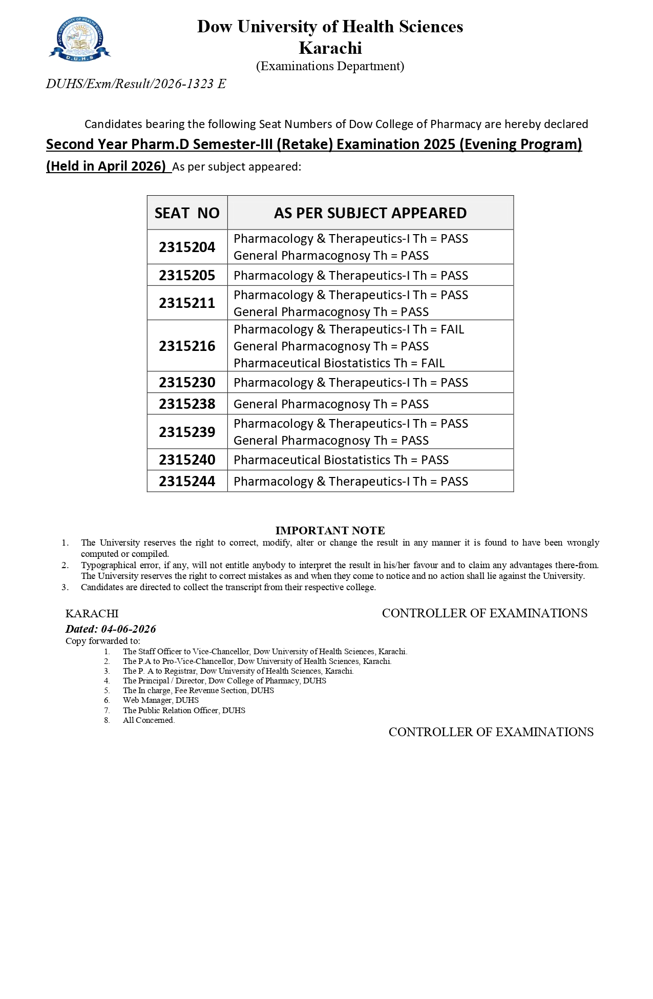 DUHS Result 2026 Announced for PharmD Exams