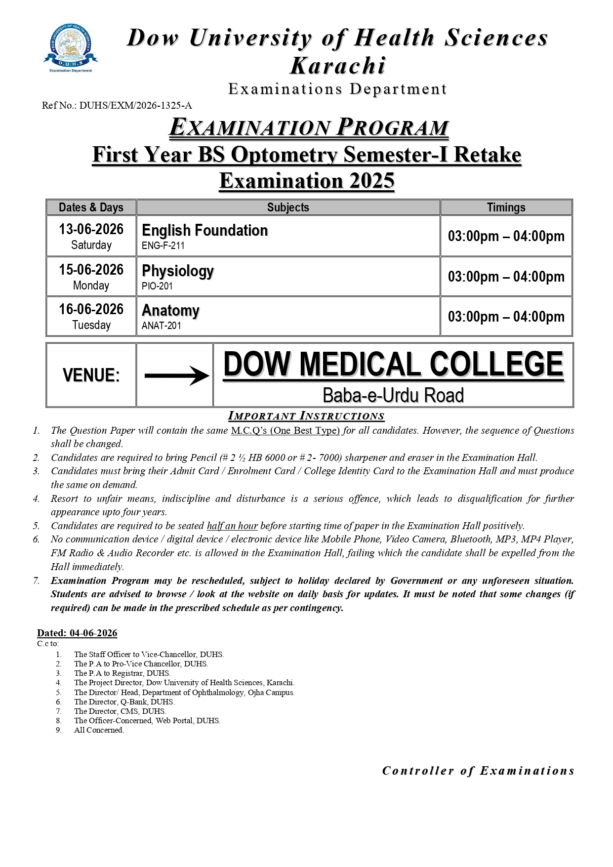 DUHS Issues BS Optometry Sem-I Retake Exams Date Sheet 2026