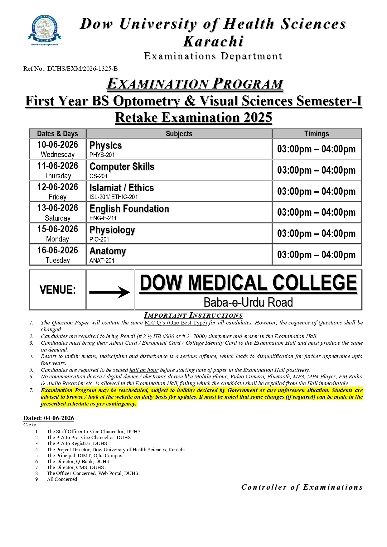 DUHS Date Sheet 2026 Announced for BSOVS Sem-I Retake Exams