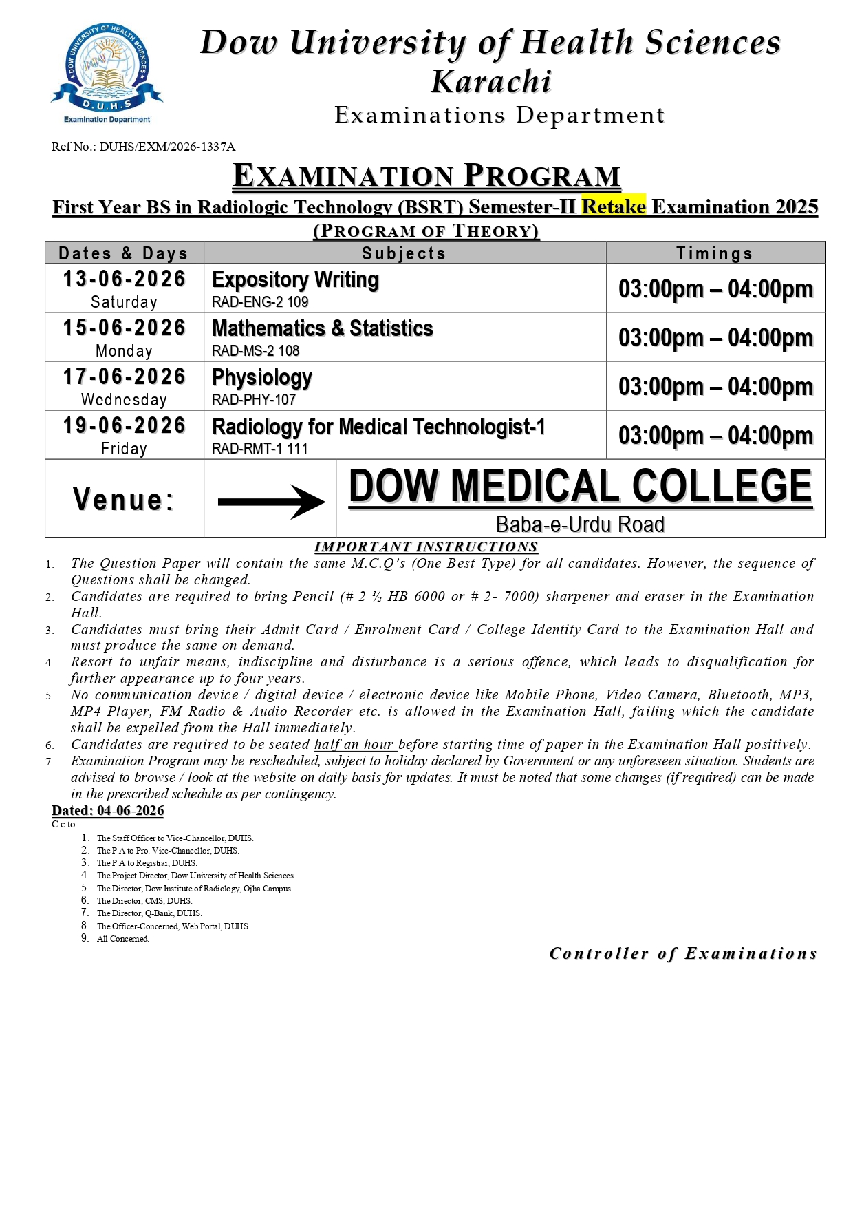 DUHS BSRT Exams Date Sheet 2026 Availiable Now